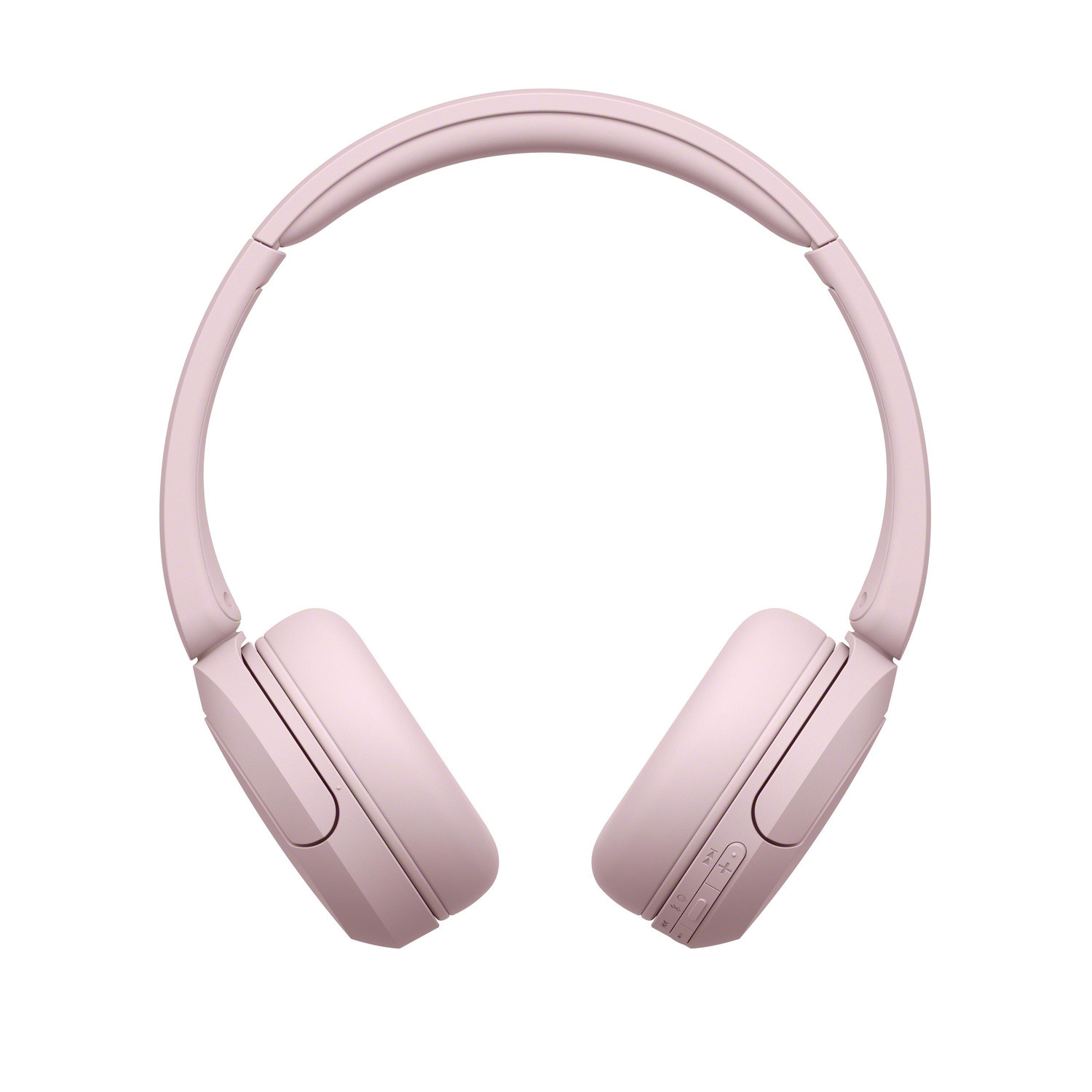 Vue de dessus d'un casque rose, avec les oreillettes et l'arceau visibles.