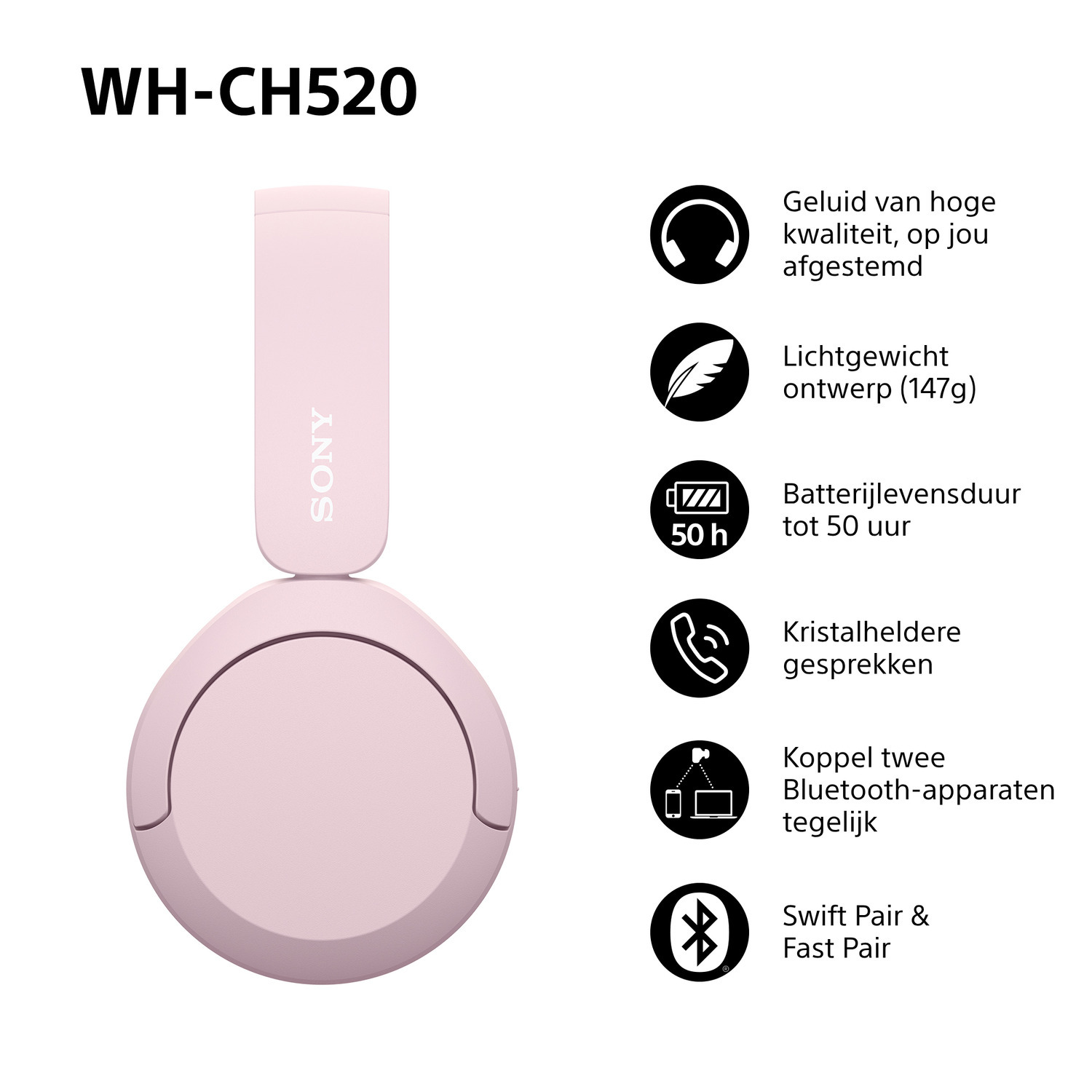 Roze koptelefoon met iconen en tekst op witte achtergrond.