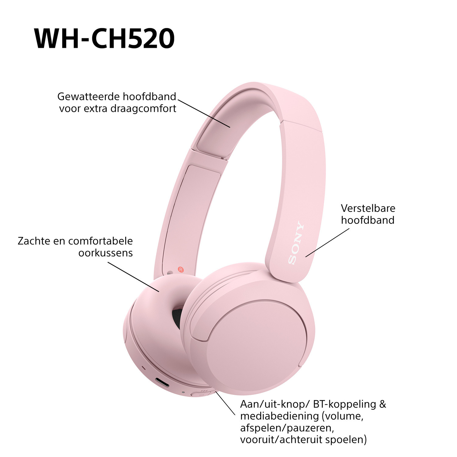 Roze Sony WH-CH520 koptelefoon met functies zoals comfortabele oorkussens en verstelbare hoofdband.