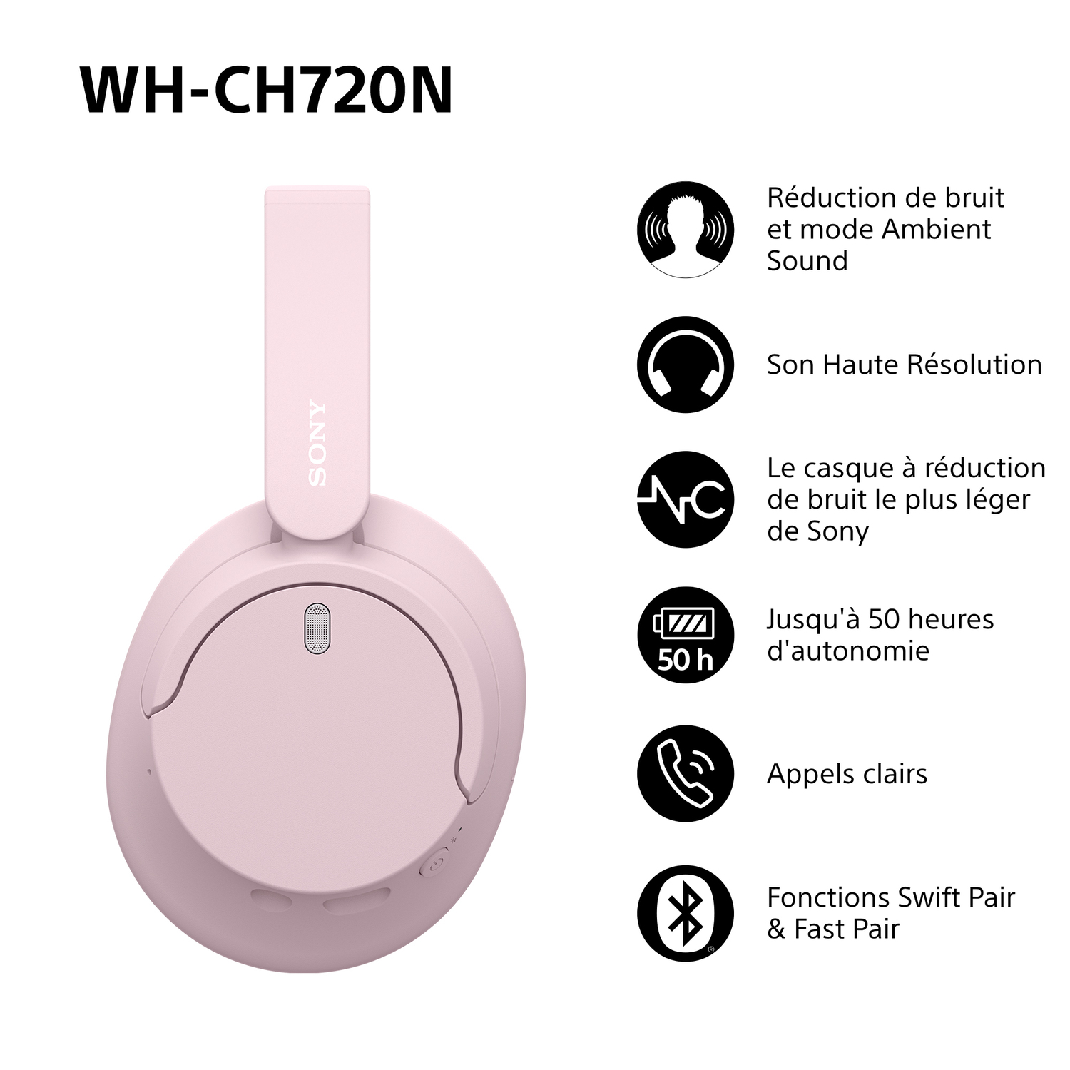 Casque rose Sony WH-CH720N avec icônes indiquant des fonctionnalités comme la réduction du bruit et l'autonomie.