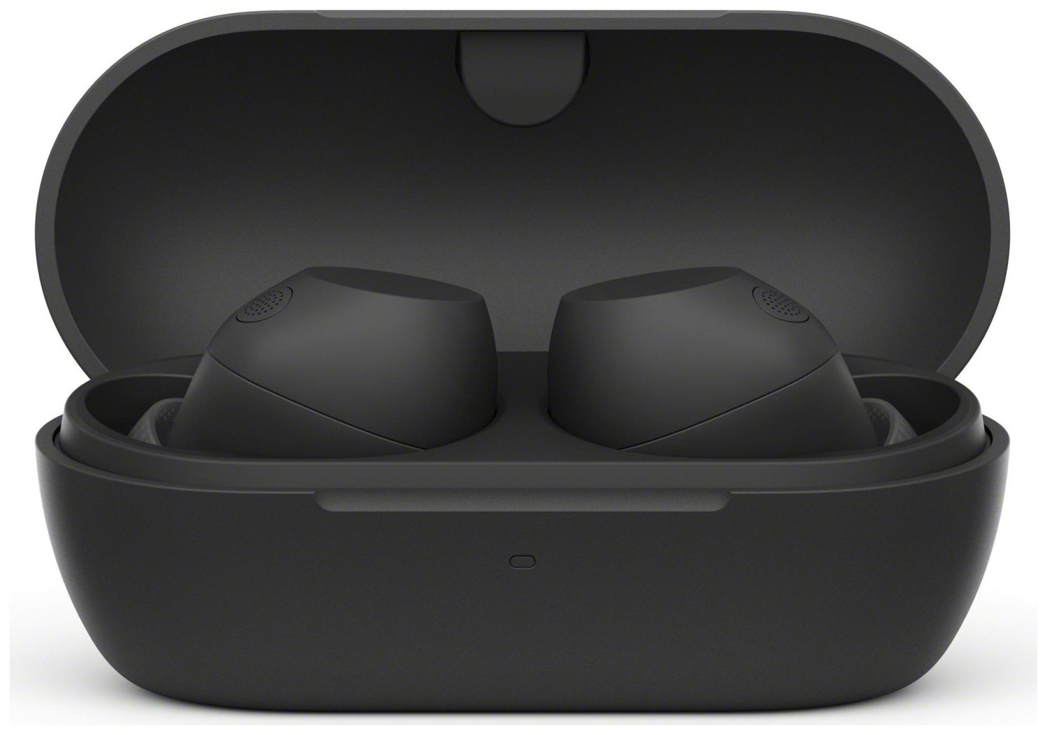 Czarne słuchawki w otwartym czarnym etui ładującym, widok z góry. Etui ma małą diodę LED.