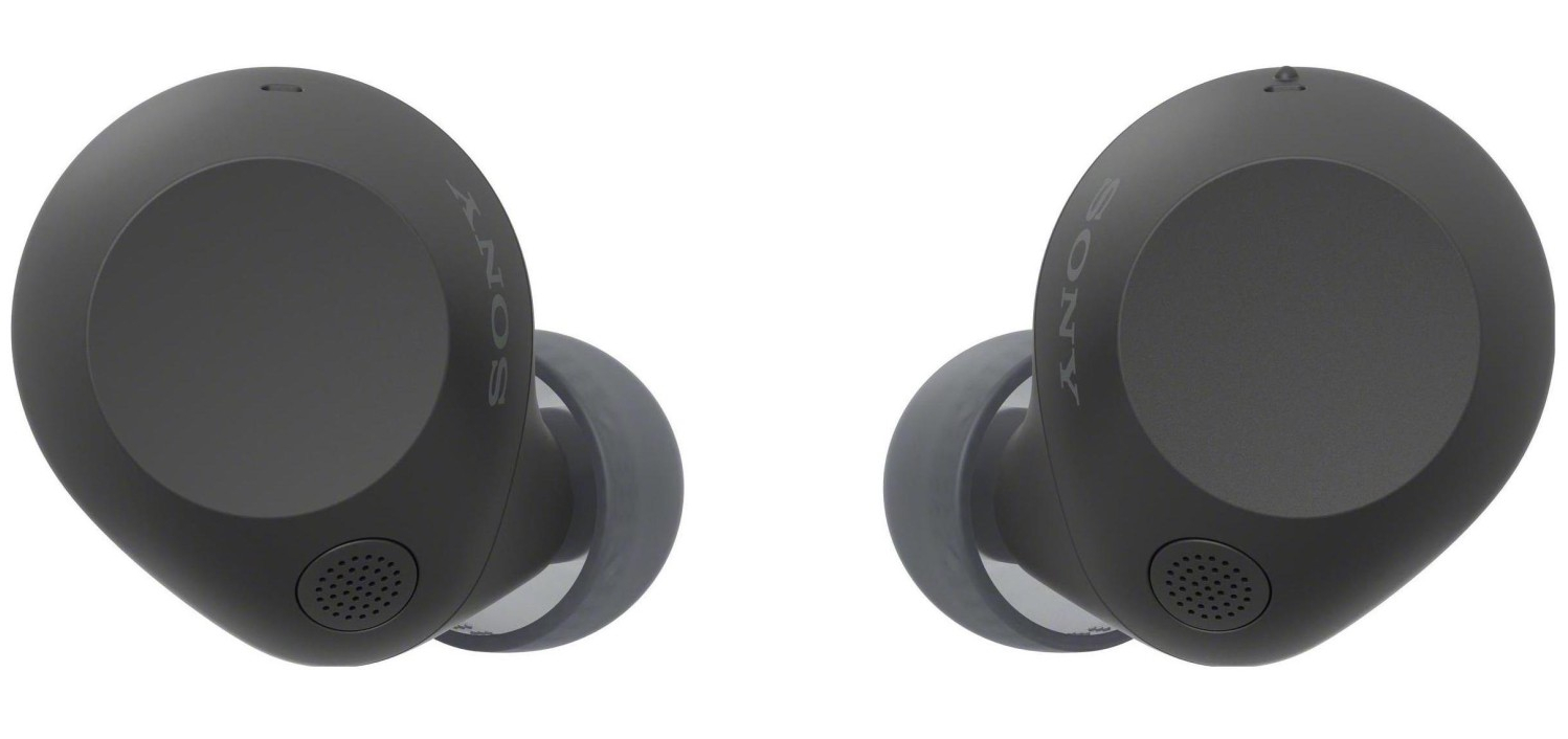 Zbliżenie dwóch czarnych słuchawek Sony. Każda ma mały mikrofon i widoczne jest logo Sony.