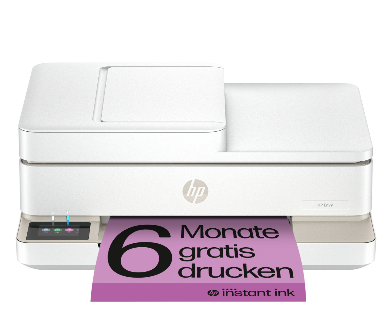 Weißer HP Envy-Drucker mit lila Papier, auf dem 6 Monate kostenlose Tinte steht.