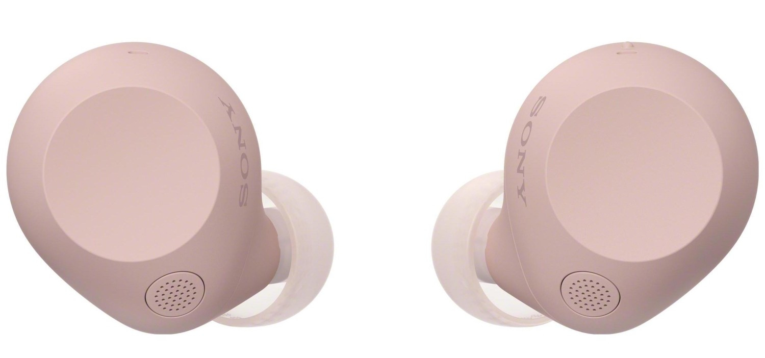 Dwa różowe słuchawki douszne. Na słuchawkach są białe wkładki douszne. Marka jest widoczna.