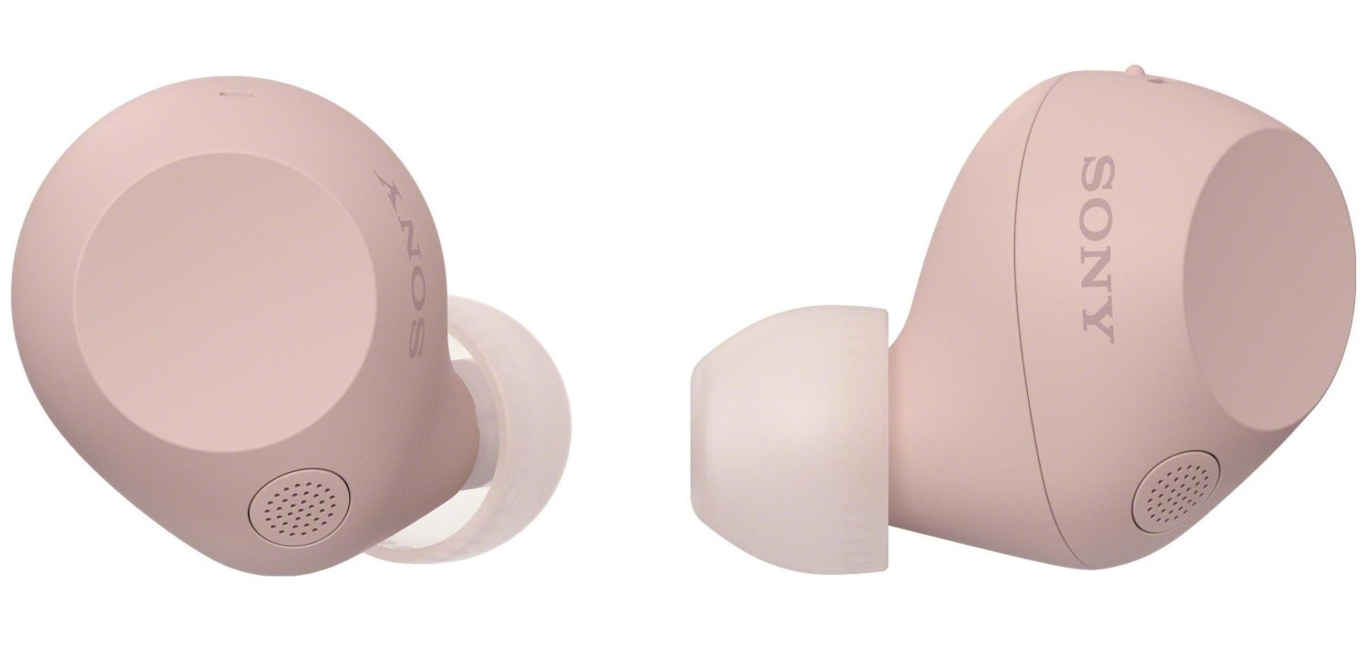 Dwa jasno-różowe słuchawki Sony, bezprzewodowe.