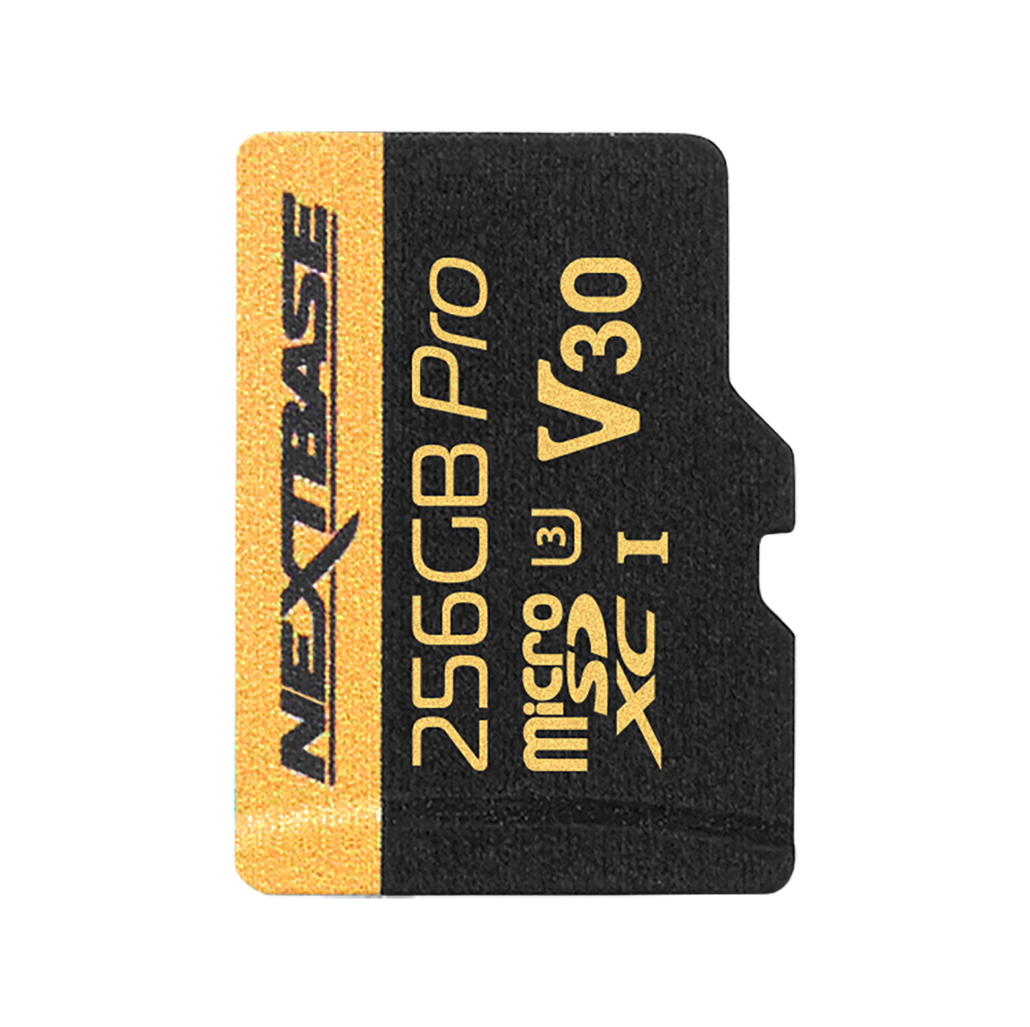 Eine schwarze und goldene Nextbase 256GB Pro microSDXC-Karte.