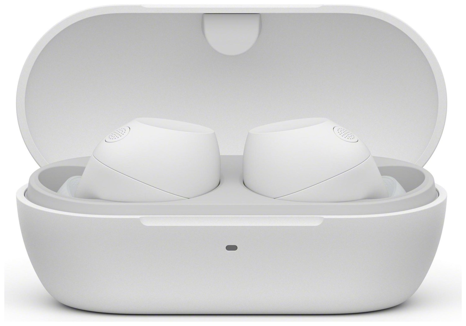 Białe bezprzewodowe słuchawki douszne w otwartym białym etui.