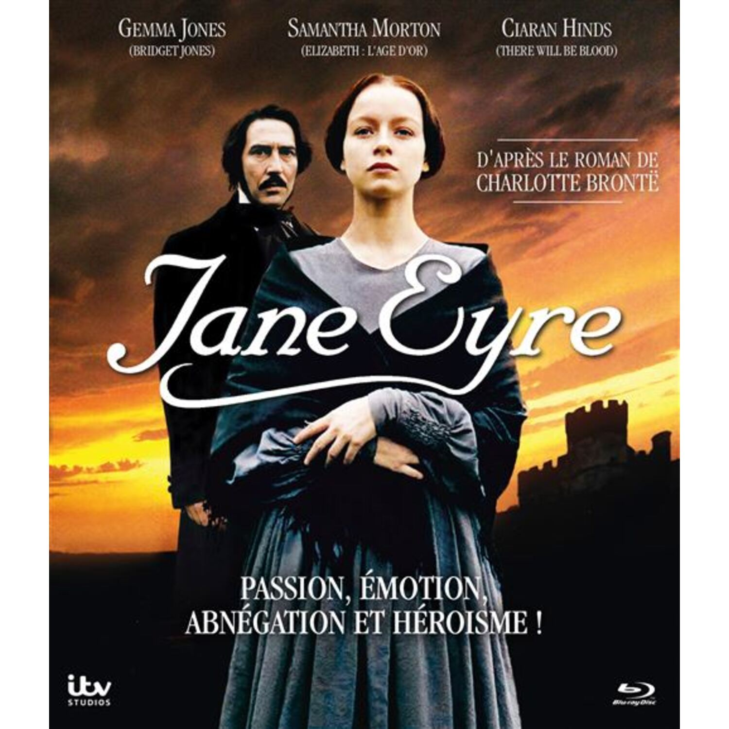 Filmposter voor 'Jane Eyre' met twee mensen in historische kleding en tekst in het Engels en Frans.