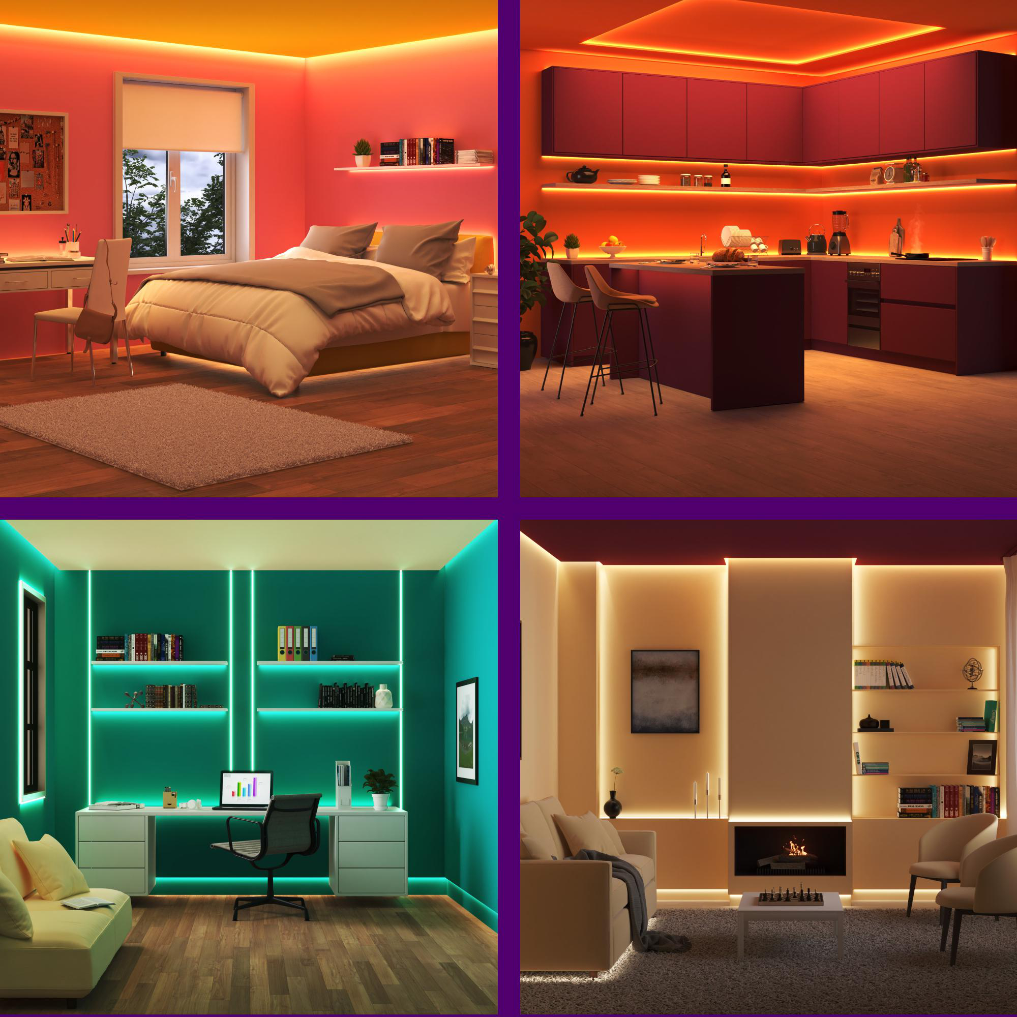 Vier Räume mit LED-Beleuchtung in verschiedenen Farben, Schlafzimmer, Küche, Büro und Wohnzimmer, jeweils mit unterschiedlicher Einrichtung.