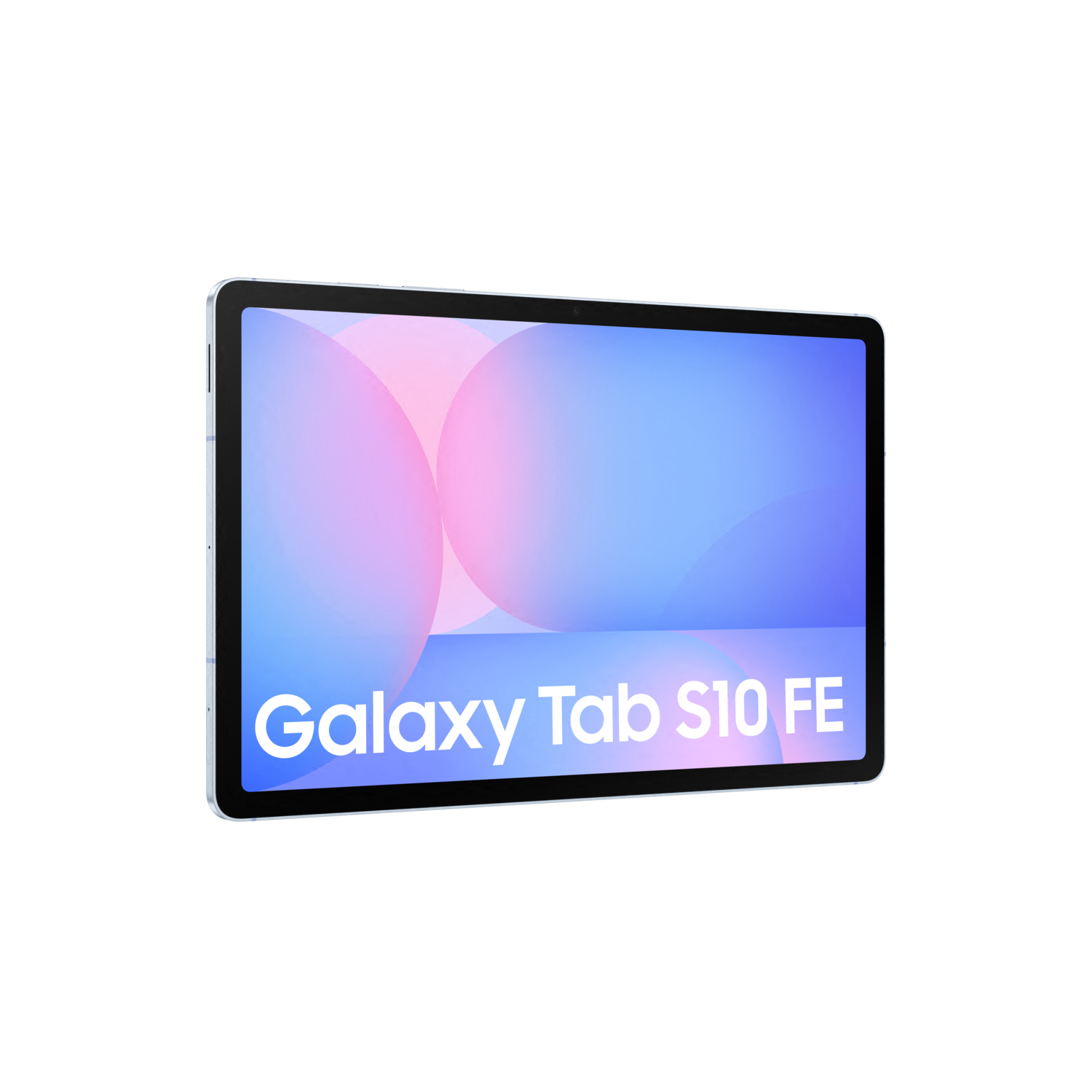 A tablet with a blue screen, with the text 'Galaxy Tab S10 FE'.  Black background.