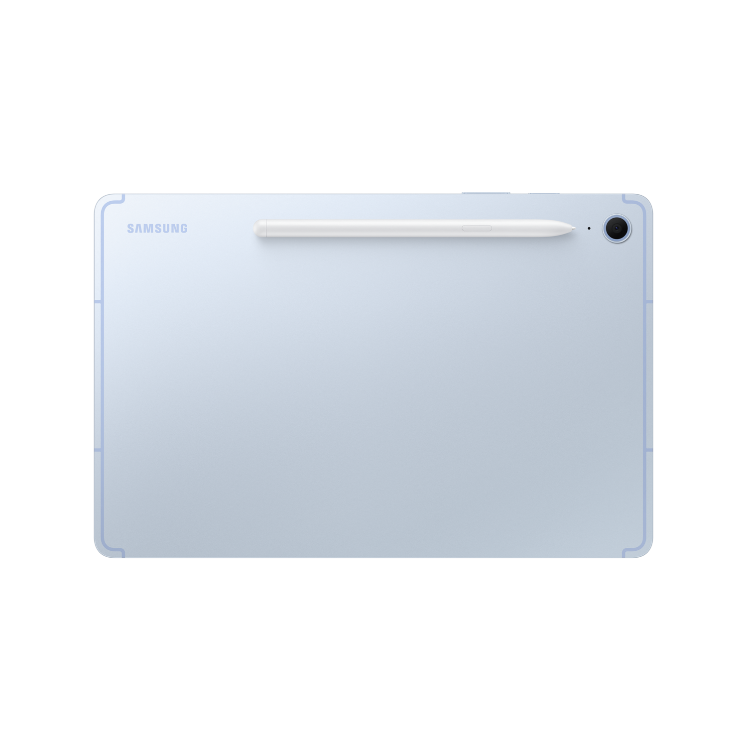 A light blue tablet with a stylus on the back.