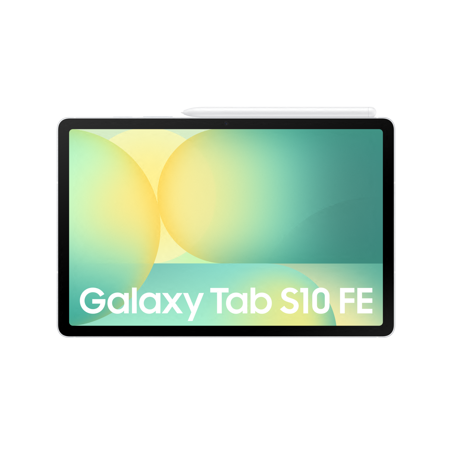 Tablette blanche avec stylet, texte Galaxy Tab S10 FE à l'écran.