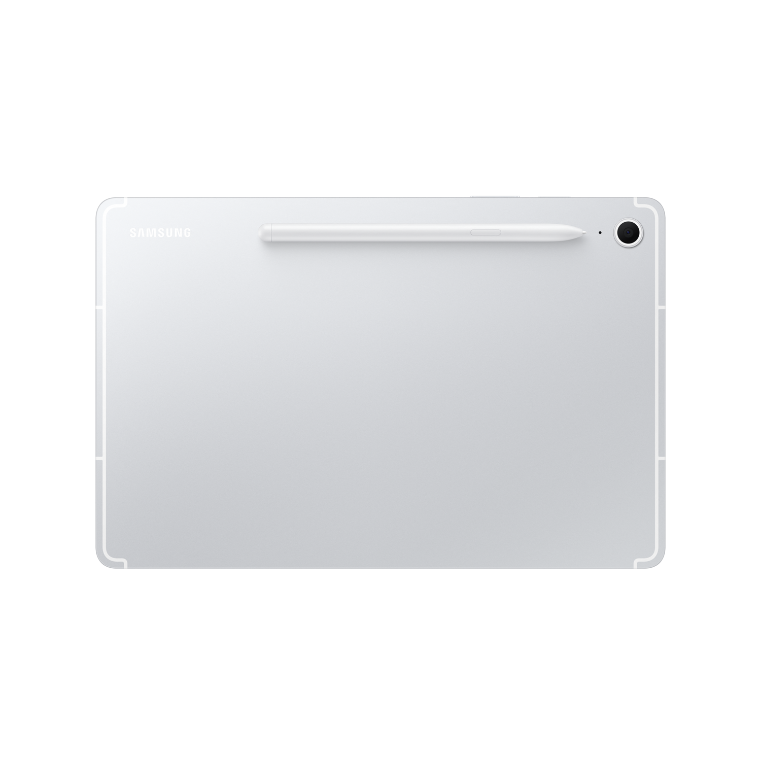Une tablette blanche avec un stylet dessus, montrant l'arrière de l'appareil.