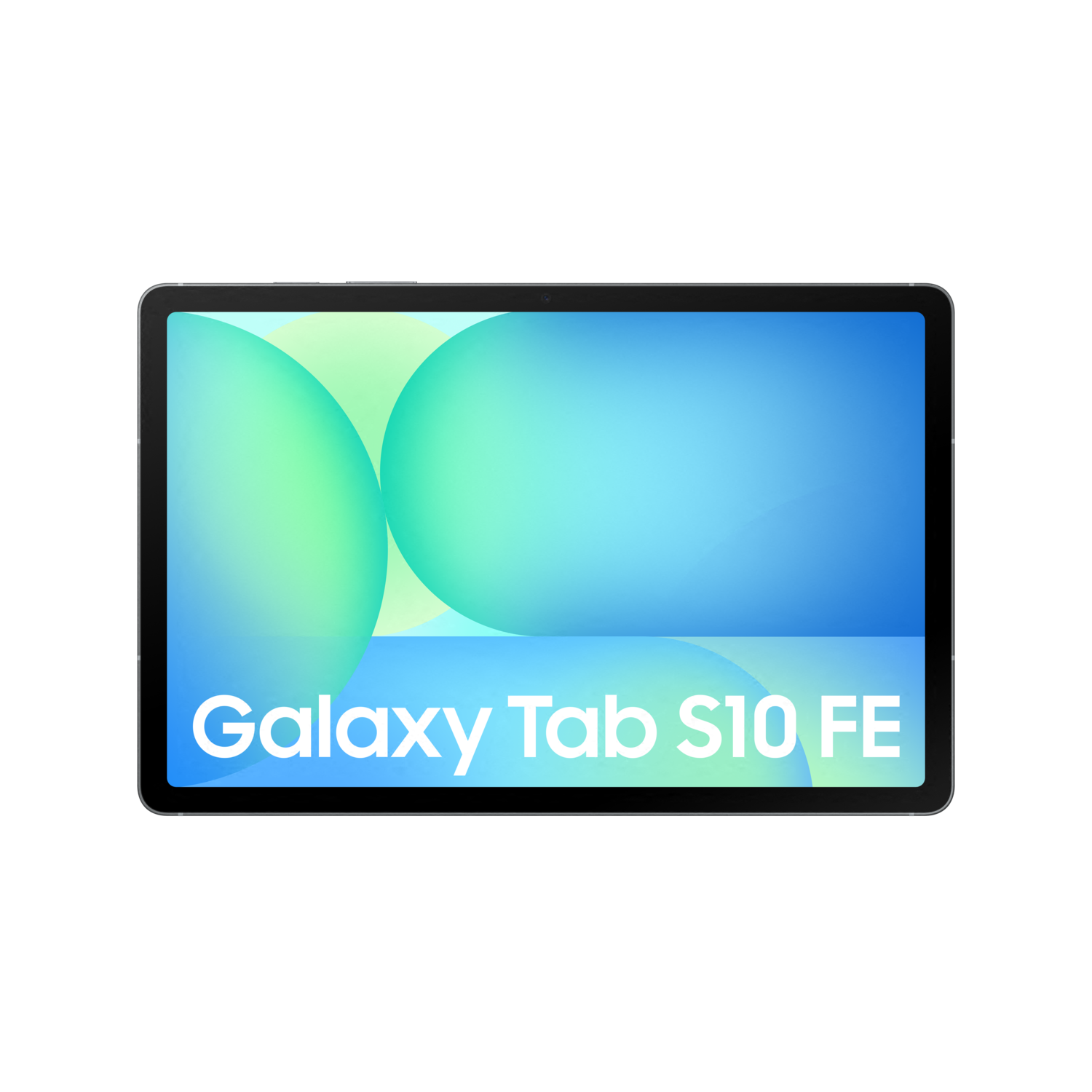 Une tablette avec un écran bleu et vert. Le texte Galaxy Tab S10 FE est sur l'écran.
