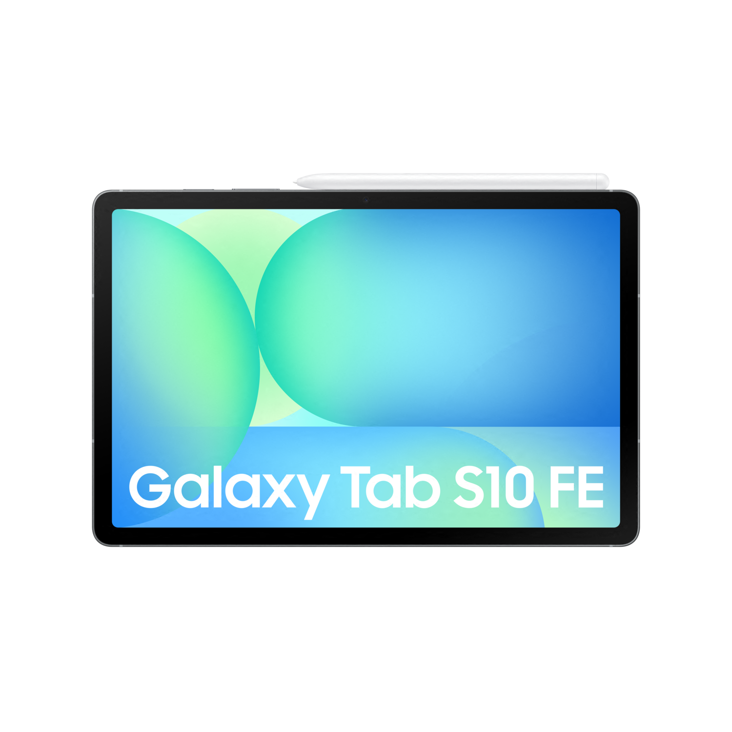 Une tablette noire avec le texte Galaxy Tab S10 FE et un stylet blanc dessus.