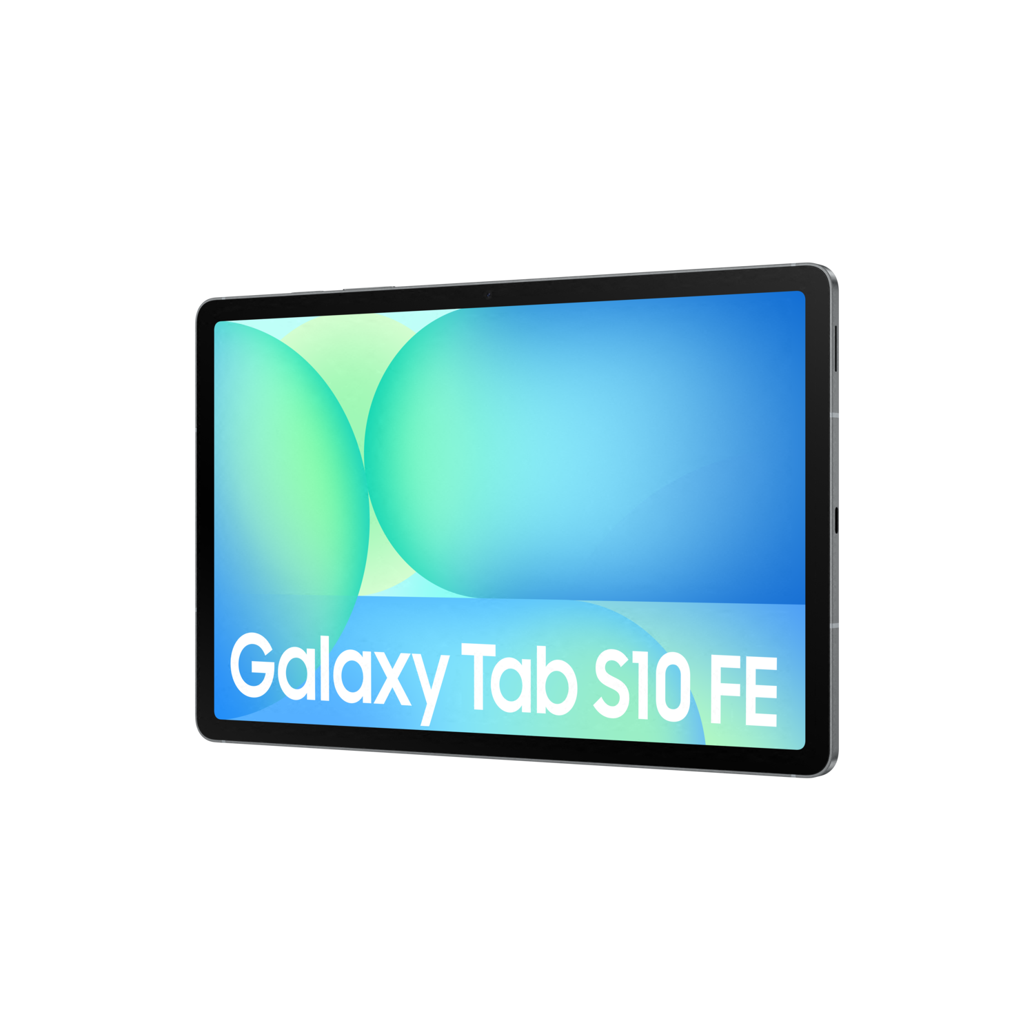 Une tablette sur fond noir avec les mots 'Galaxy Tab S10 FE' sur l'écran.