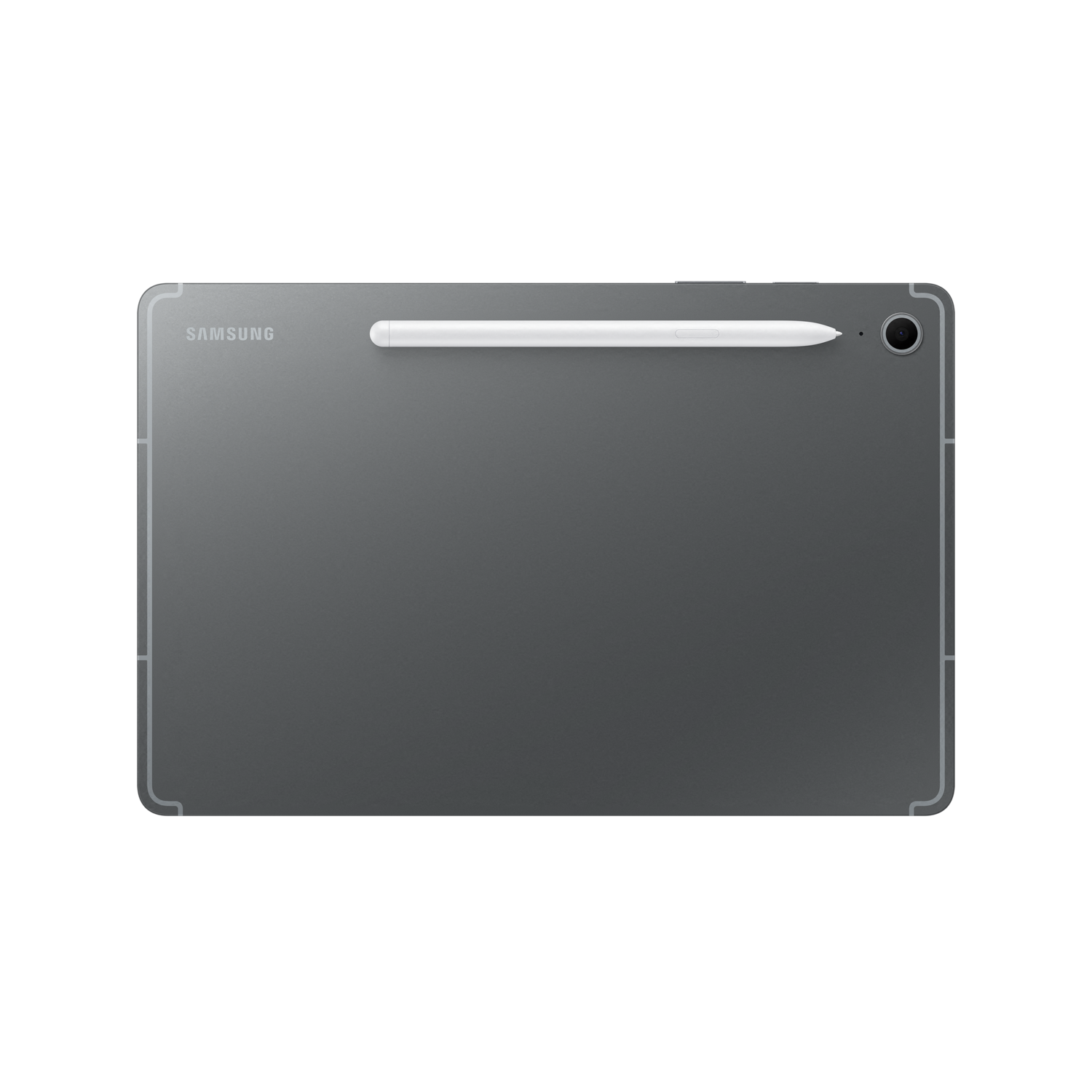 Une tablette grise avec un stylet dessus. L'écran est noir et la caméra visible.