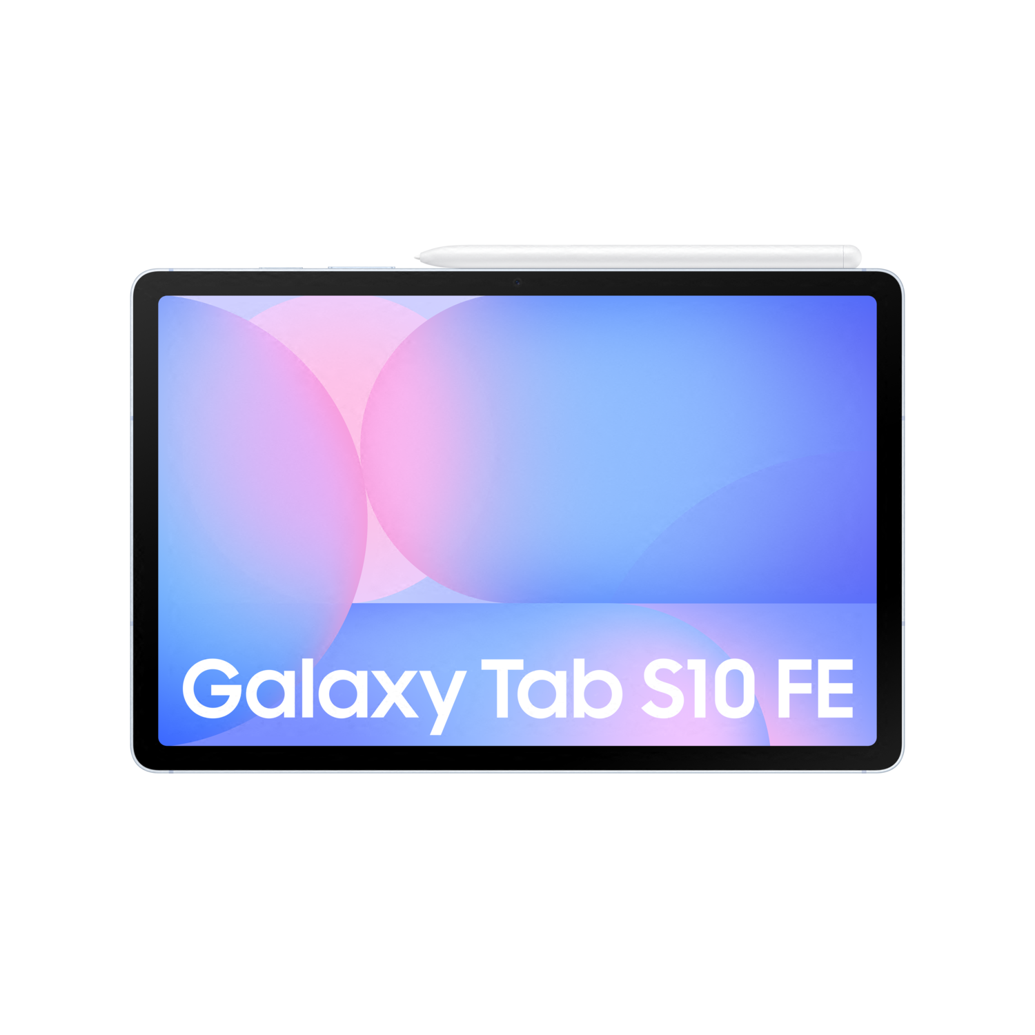 Tablette Galaxy Tab S10 FE avec un stylet sur fond noir avec du rose et du bleu.