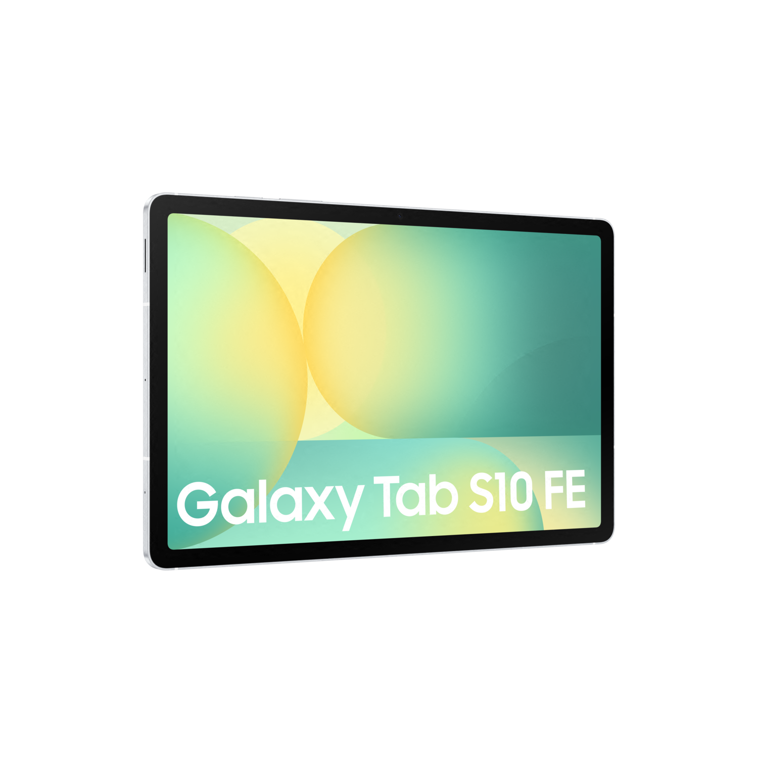 Une tablette sur fond noir avec le texte 'Galaxy Tab S10 FE' visible sur l'écran.