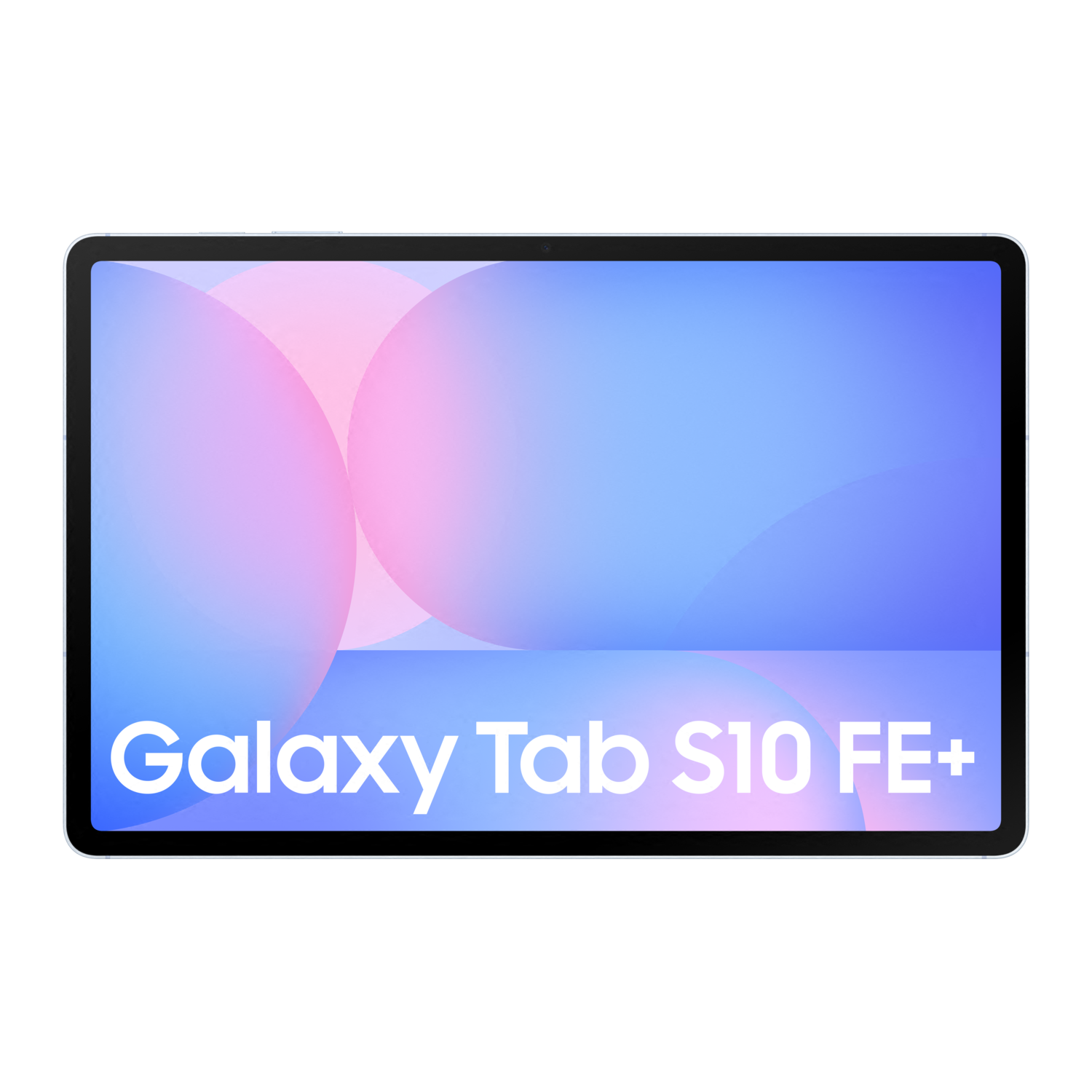 Zwarte Samsung Galaxy Tab S10 FE+ tablet, met een kleurrijke abstracte achtergrond.