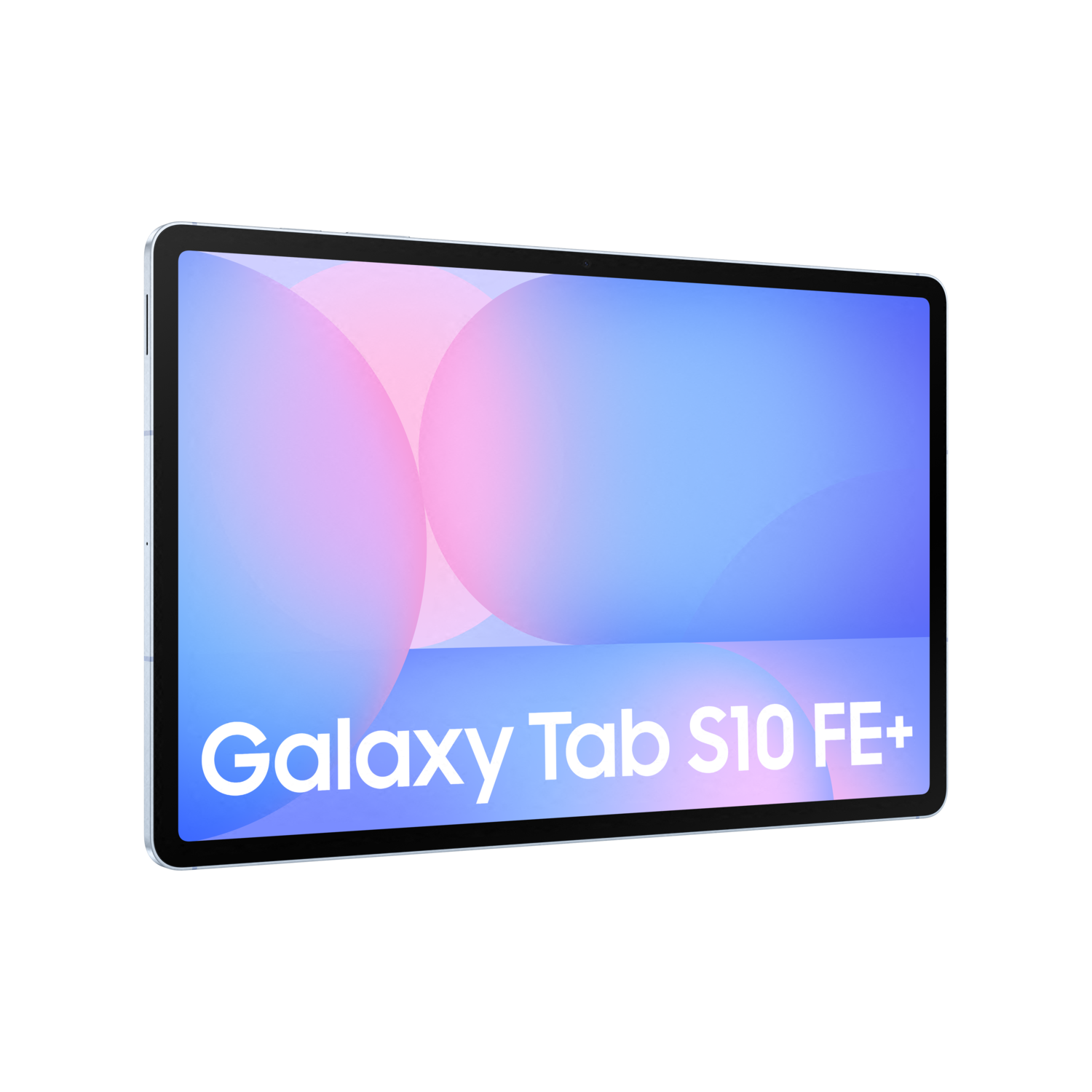 Galaxy Tab S10 FE+ tablet, zwart frame, witte tekst. Het scherm toont een gradiënt van roze en blauw.