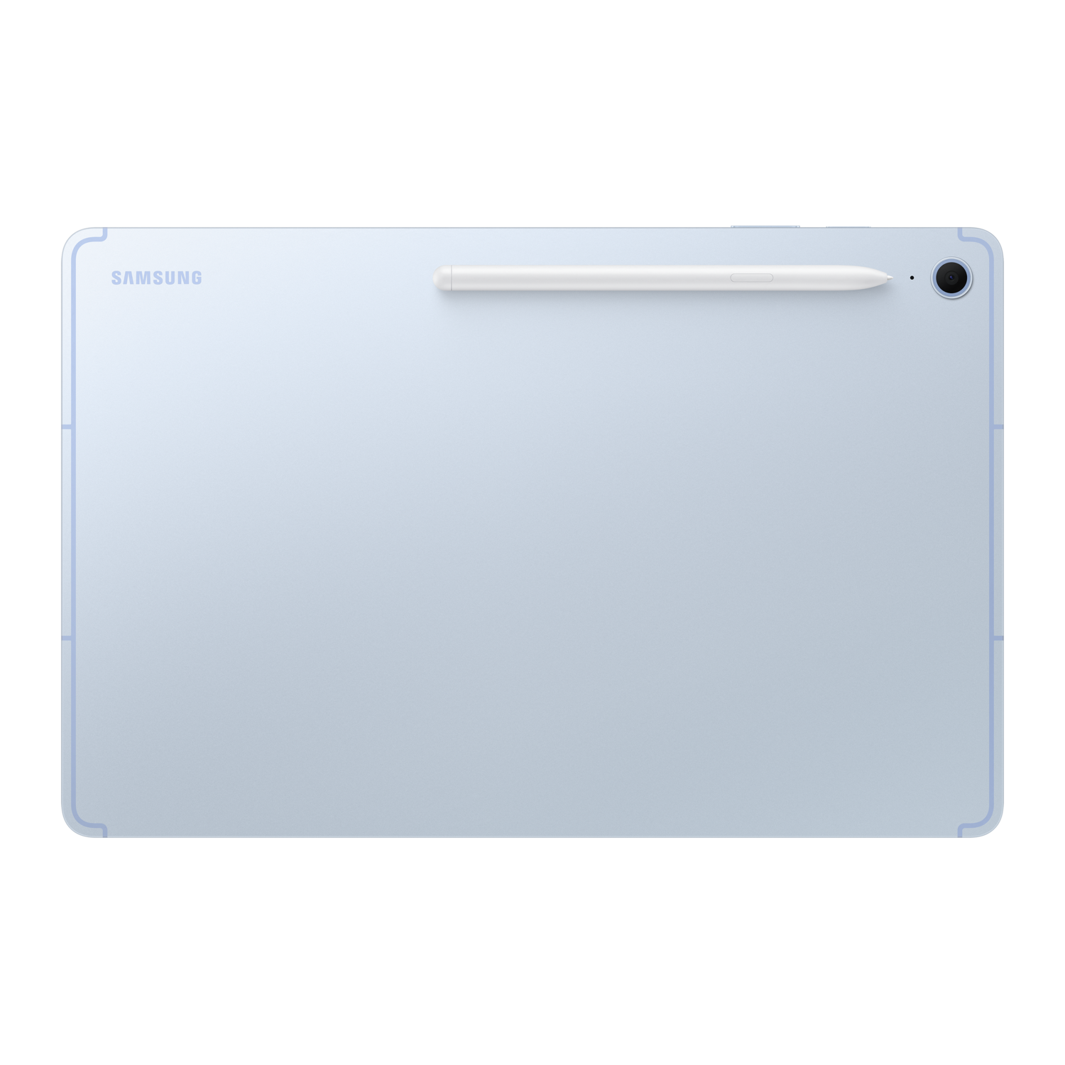 Lichtblauwe tabletrug met stylus en camera. Het Samsung-logo is zichtbaar bovenaan.