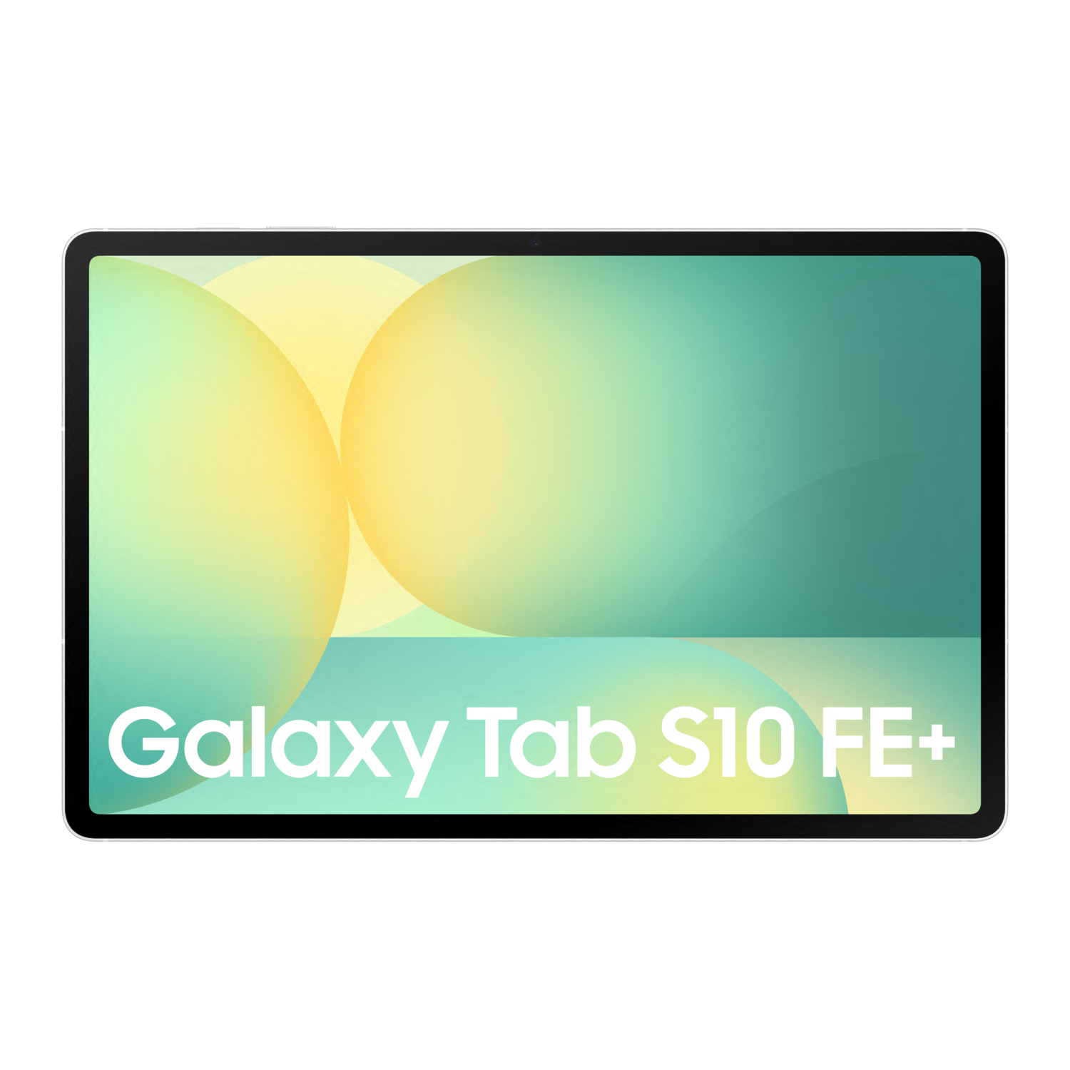 Une tablette avec un cadre blanc et les mots "Galaxy Tab S10 FE+" sur l'écran.