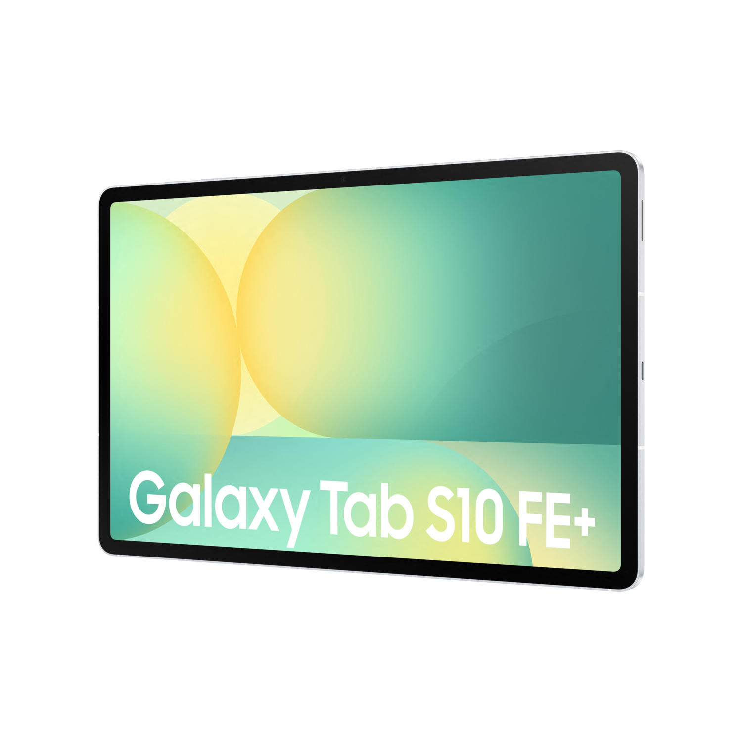 Tablette Galaxy Tab S10 FE+ sur fond noir avec dégradé jaune et vert.