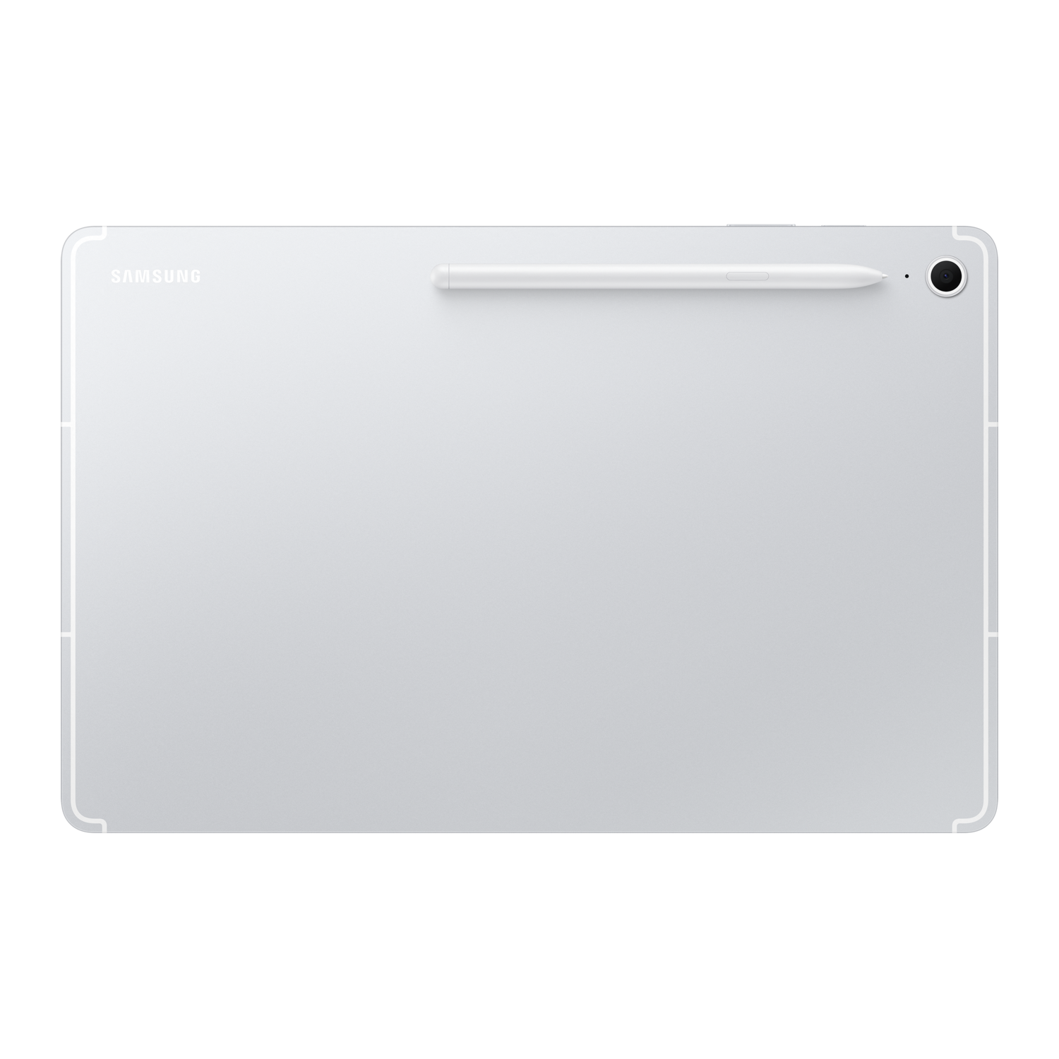 Tablette Samsung blanche avec stylet. Vue arrière, surface blanche unie. Fond noir.