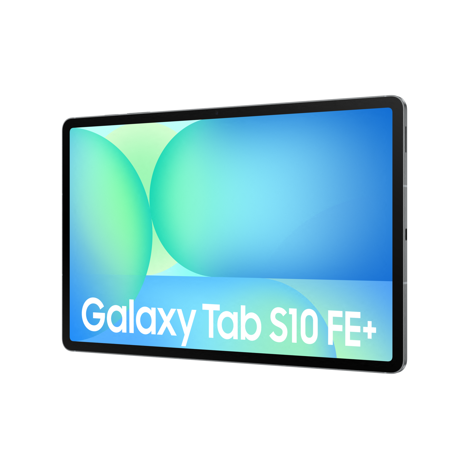 Tablette avec 'Galaxy Tab S10 FE+' sur l'écran, sur fond noir.