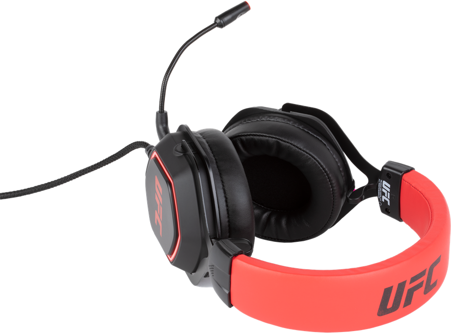 UFC gaming headset: piros és fekete. Mikrofon csatlakoztatva. Sötét háttér.