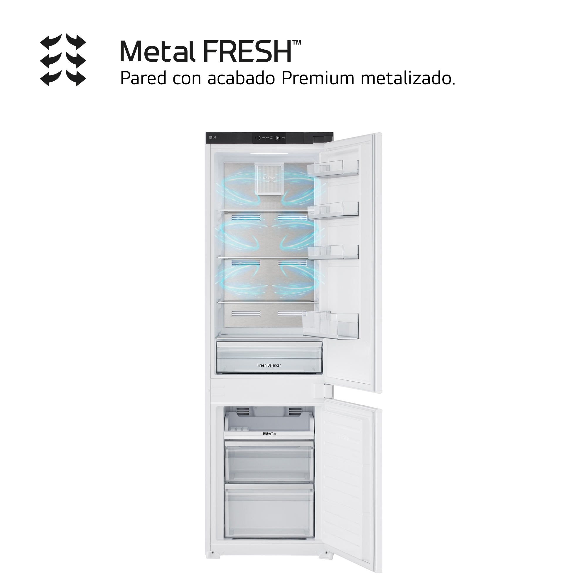 Refrigerador blanco abierto que muestra estantes y cajones. Texto: Metal FRESH.