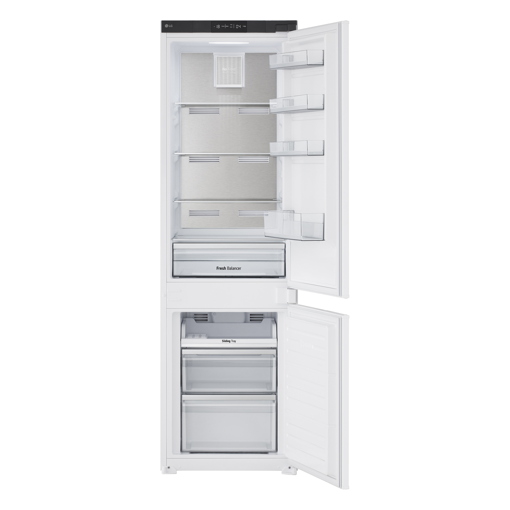 Refrigerador blanco, puertas abiertas mostrando estantes y cajones. Interior con respaldo metálico.