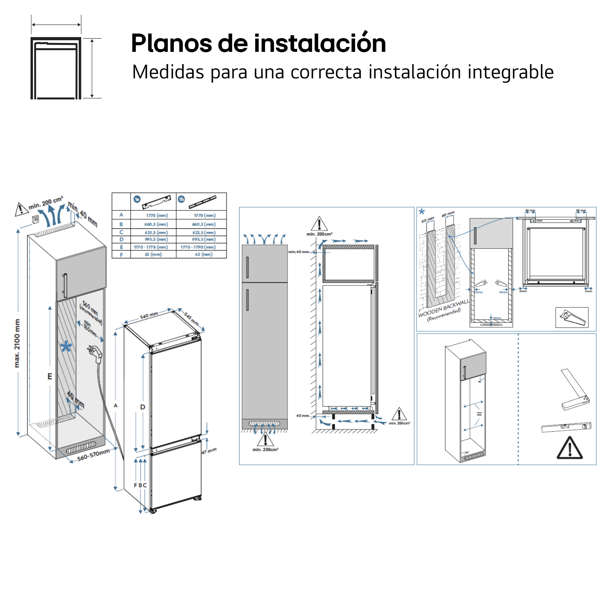 Planos de instalación que muestran las medidas de un refrigerador empotrado.