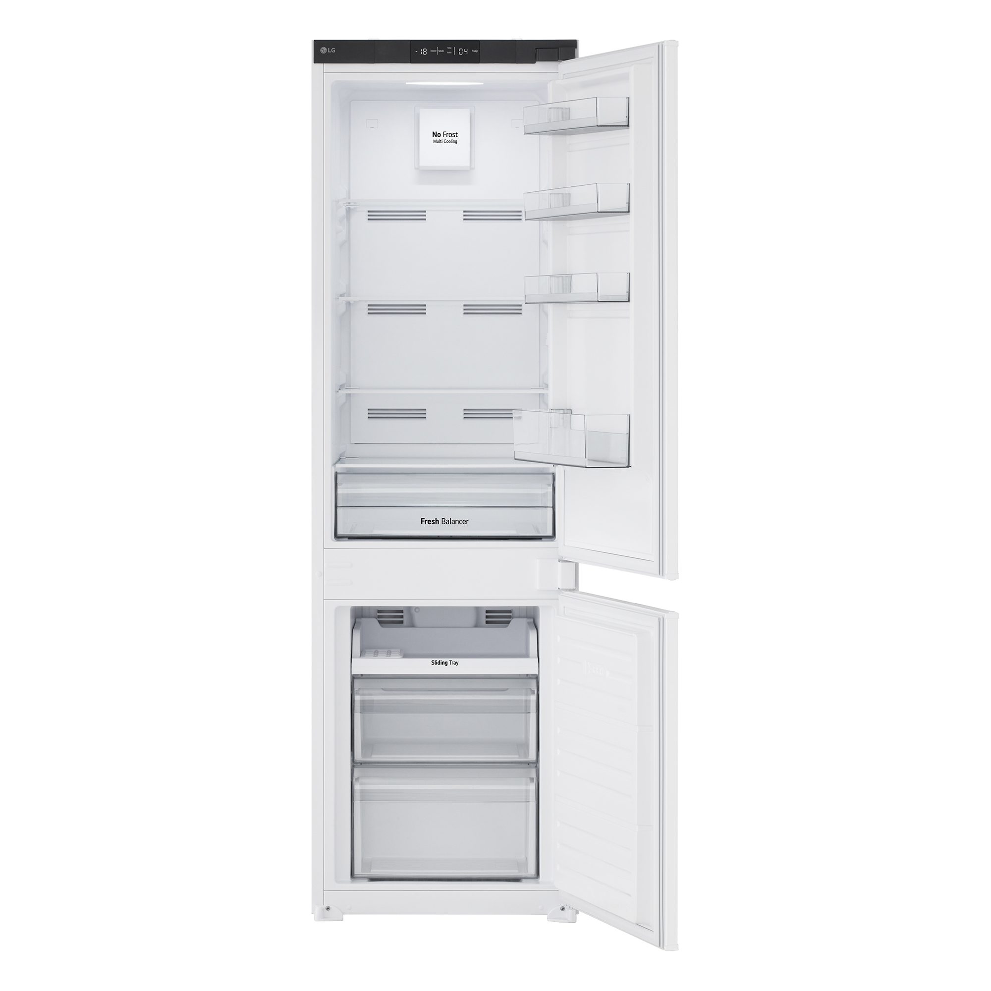 Un frigorífico LG blanco con la puerta abierta.