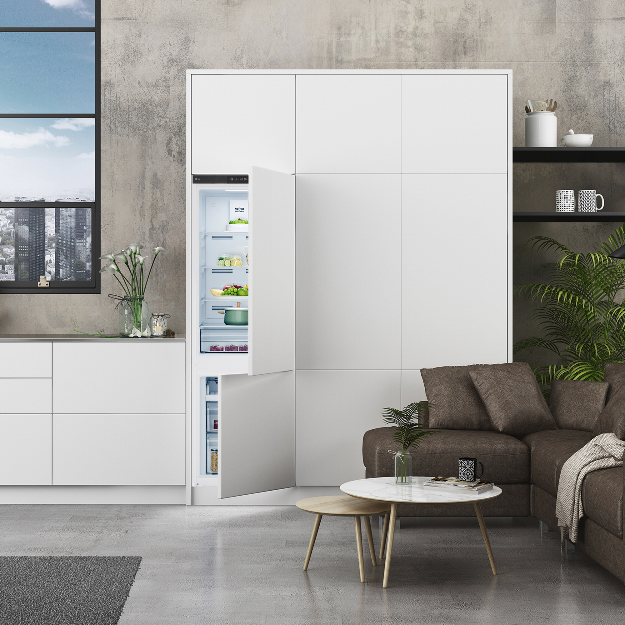 Salón moderno con un refrigerador blanco empotrado y un sofá marrón con cojines.