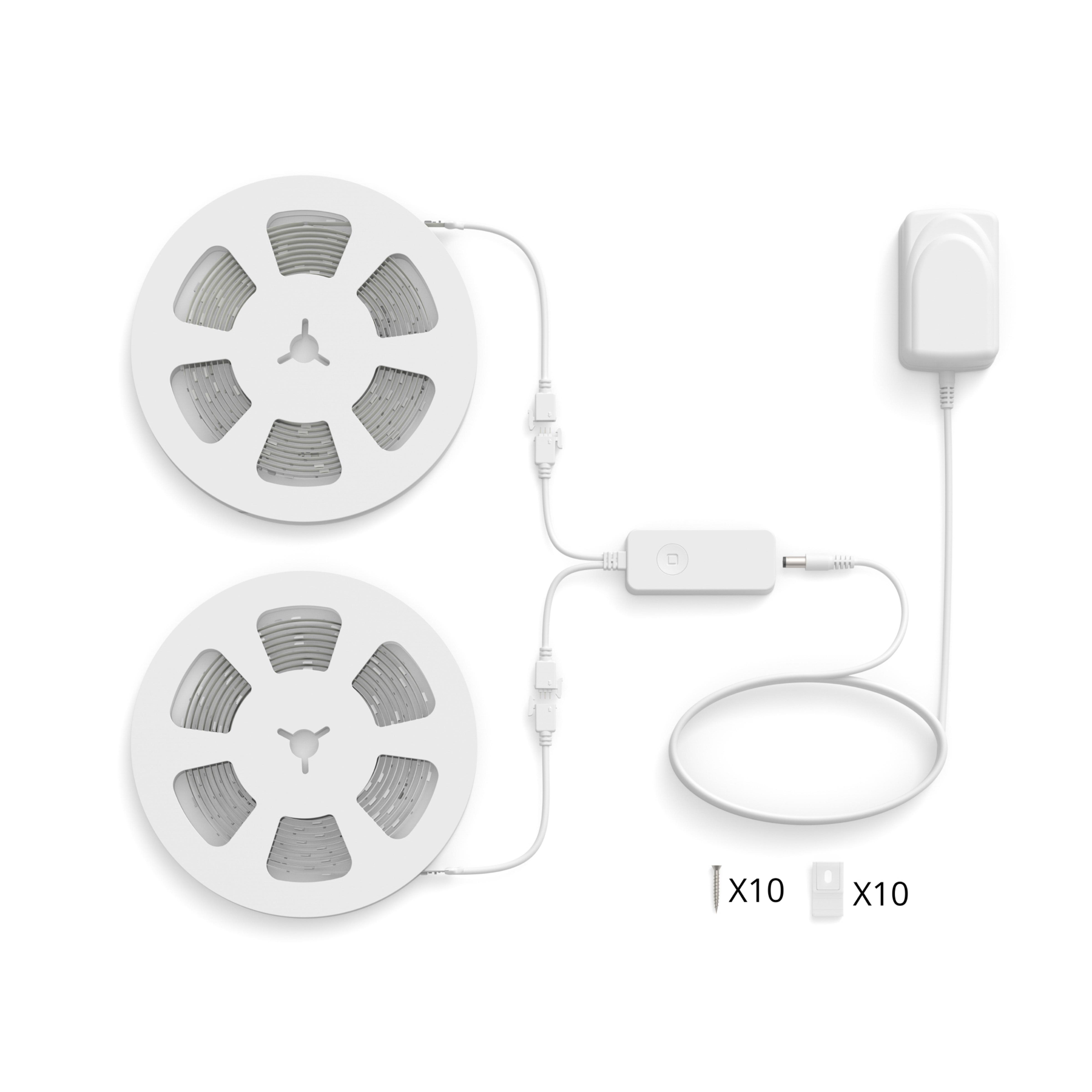 Zwei weiße LED-Streifenrollen, verbunden mit einem Controller und Netzteil. X10 Text unten.