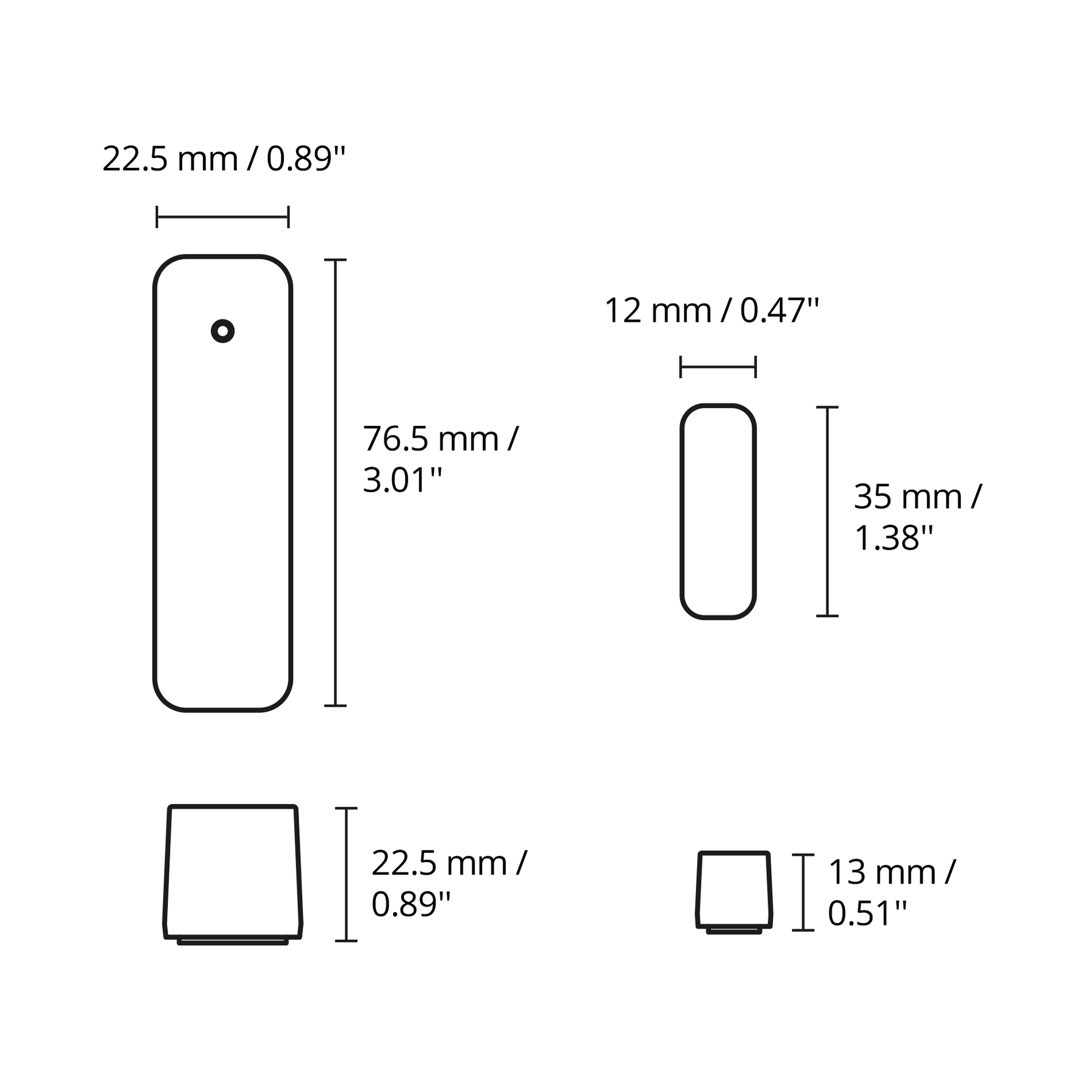 Diagramm mit Messungen eines rechteckigen Objekts, zwei anderen und einem kleinen Quadrat.