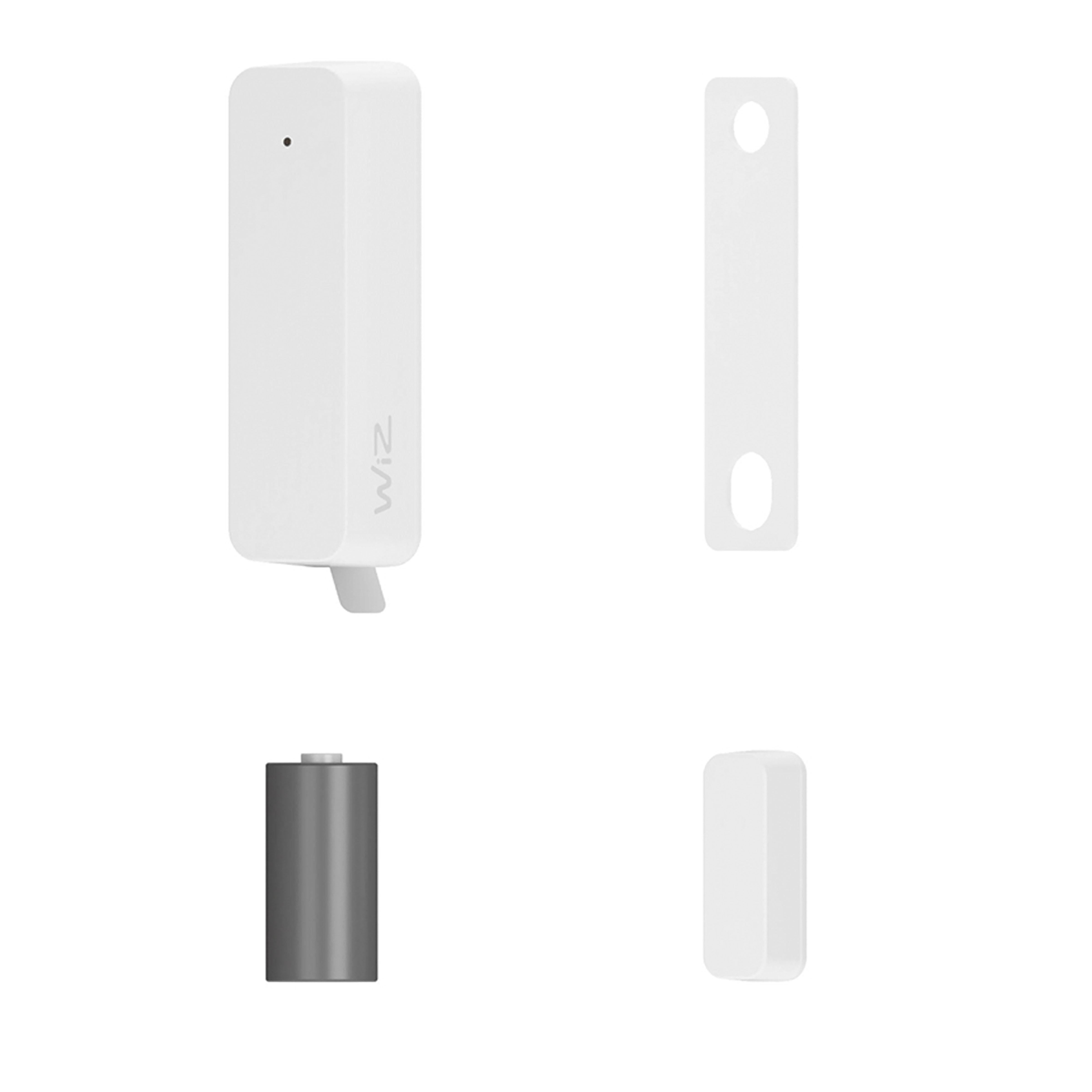 Weiße Smart-Home-Sensor-Komponenten: Sensor, Halterung, Batterie.