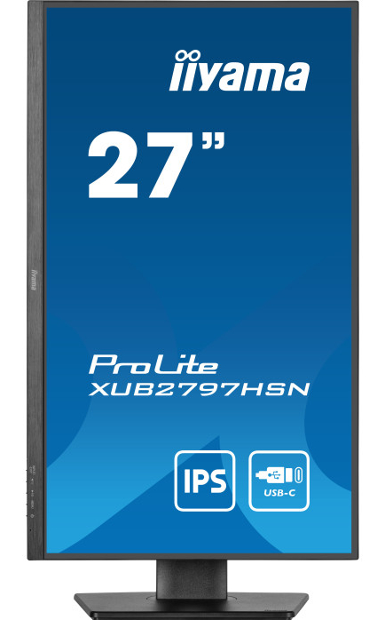 27-calowy monitor komputera, czarna ramka, niebieski ekran z tekstem. Marka iiyama.