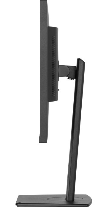 Widok z boku monitora komputera z czarną ramką i czarną podstawką.