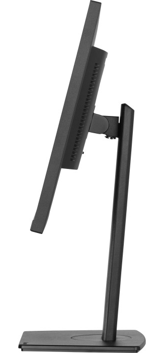 Czarny monitor komputera z profilu, pokazujący ekran, podstawę i widok z boku monitora.