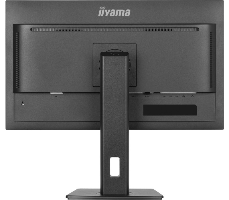 Tył czarnego monitora iiyama z dołączonym stojakiem.