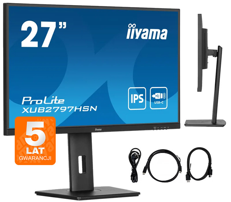 Monitor 27-calowy z marką iiyama i kablami. Posiada podstawkę i znak gwarancyjny.