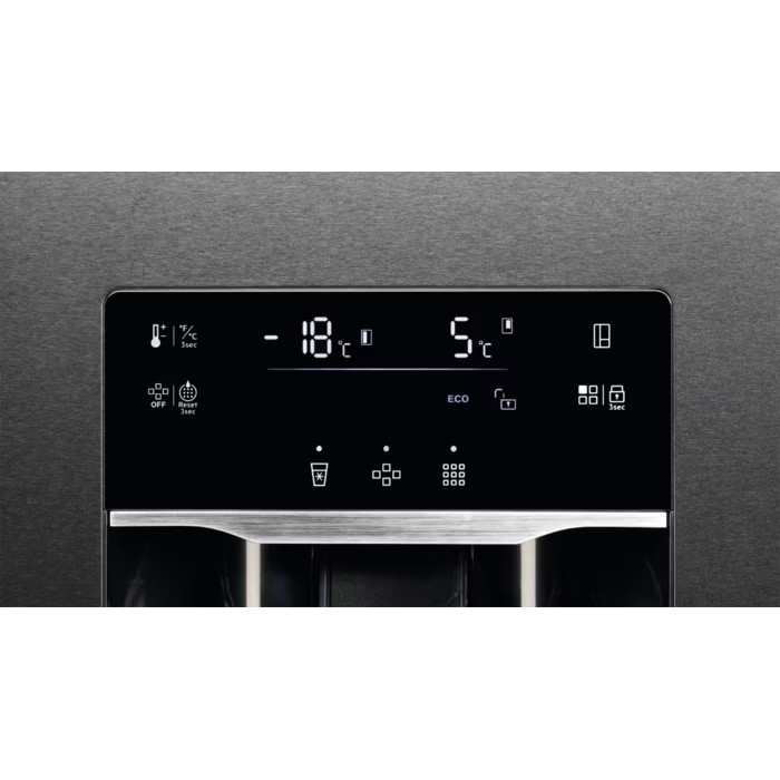 Kühlschrank-Bedienfeld mit Temperatur- und Funktionsanzeigen. Dunkelgrauer Hintergrund.