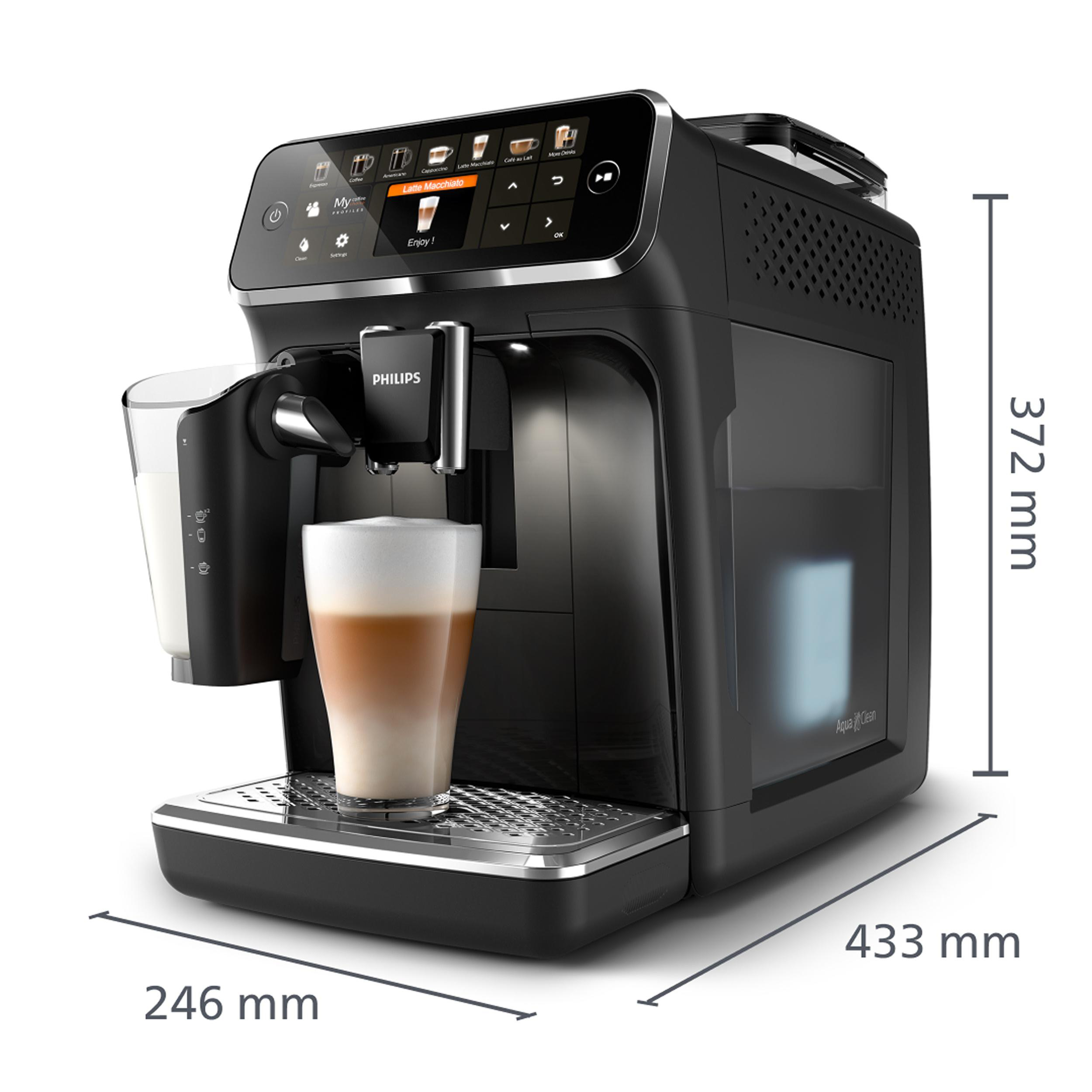 Schwarze Kaffeemaschine mit Latte-Glas. Abmessungen sind angegeben. Philips-Logo ist sichtbar.