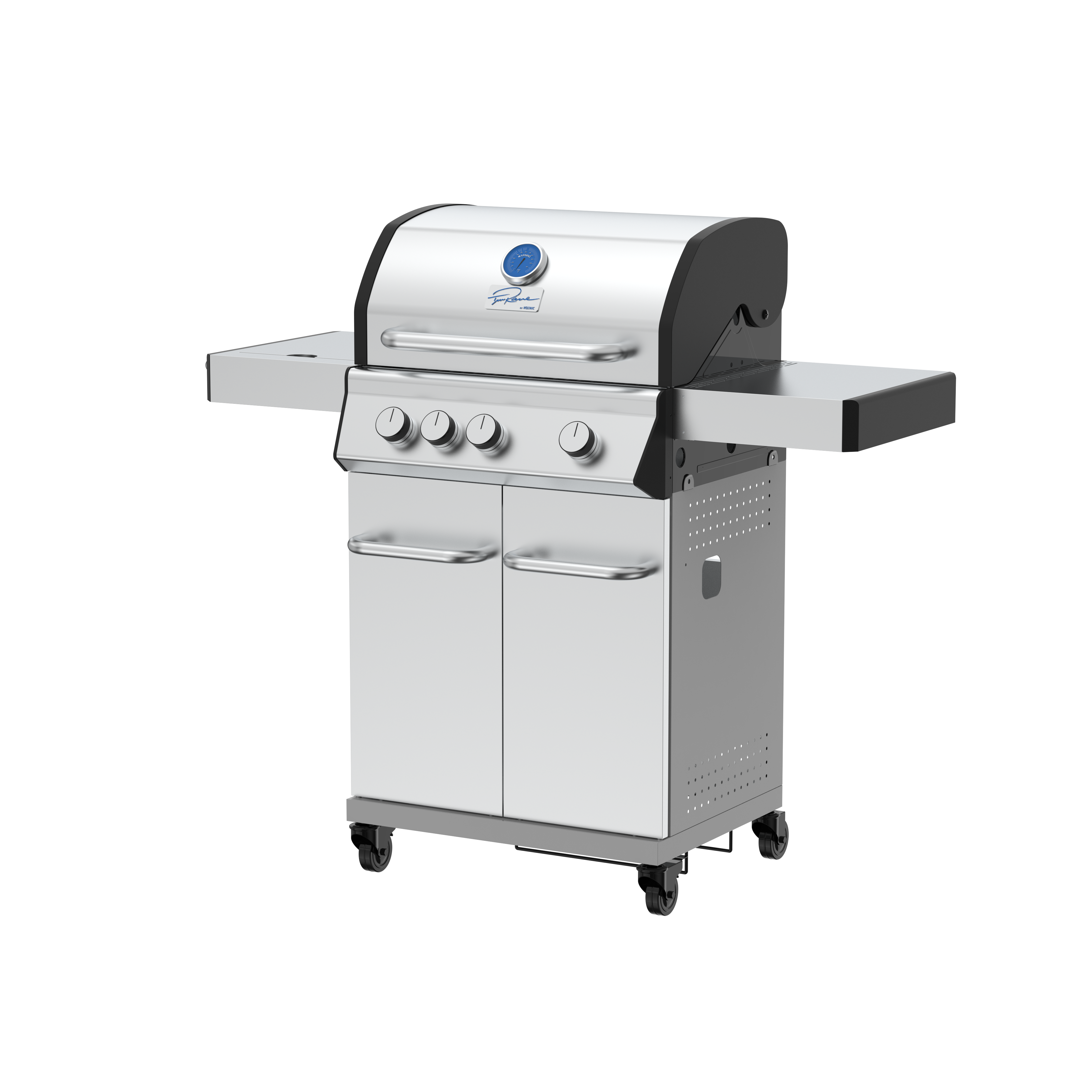 Grill: Edelstahl, drei Brenner, schwarze Oberseite, auf schwarzem Hintergrund.