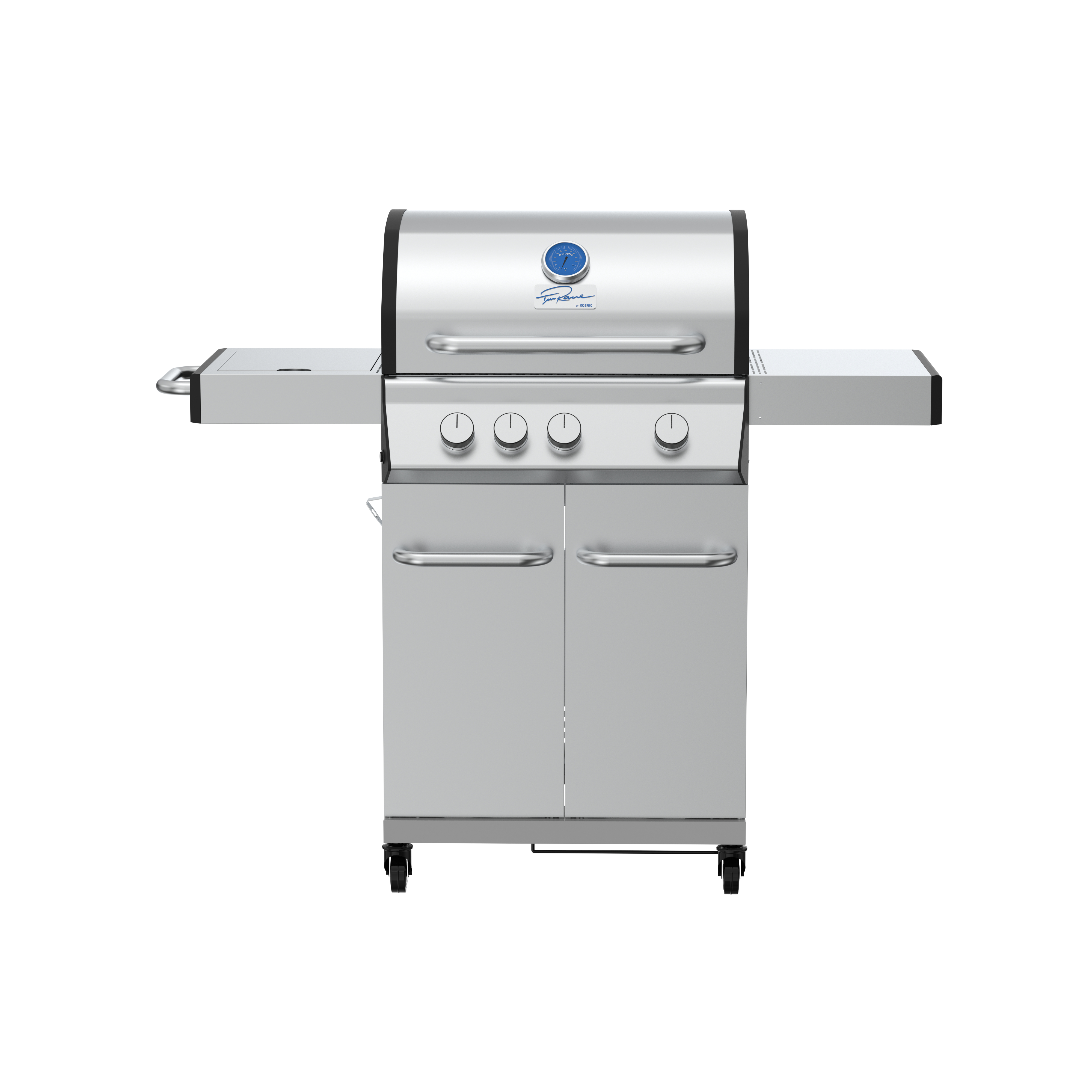 Edelstahlgrill mit drei Knöpfen und zwei Türen.