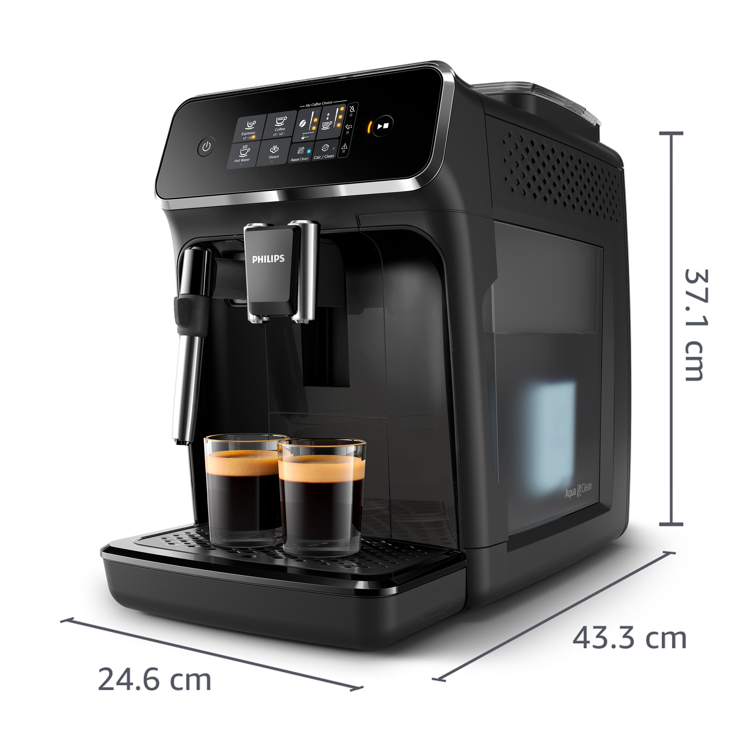 Schwarze Kaffeemaschine mit zwei Kaffeegläsern auf dem Tablett.