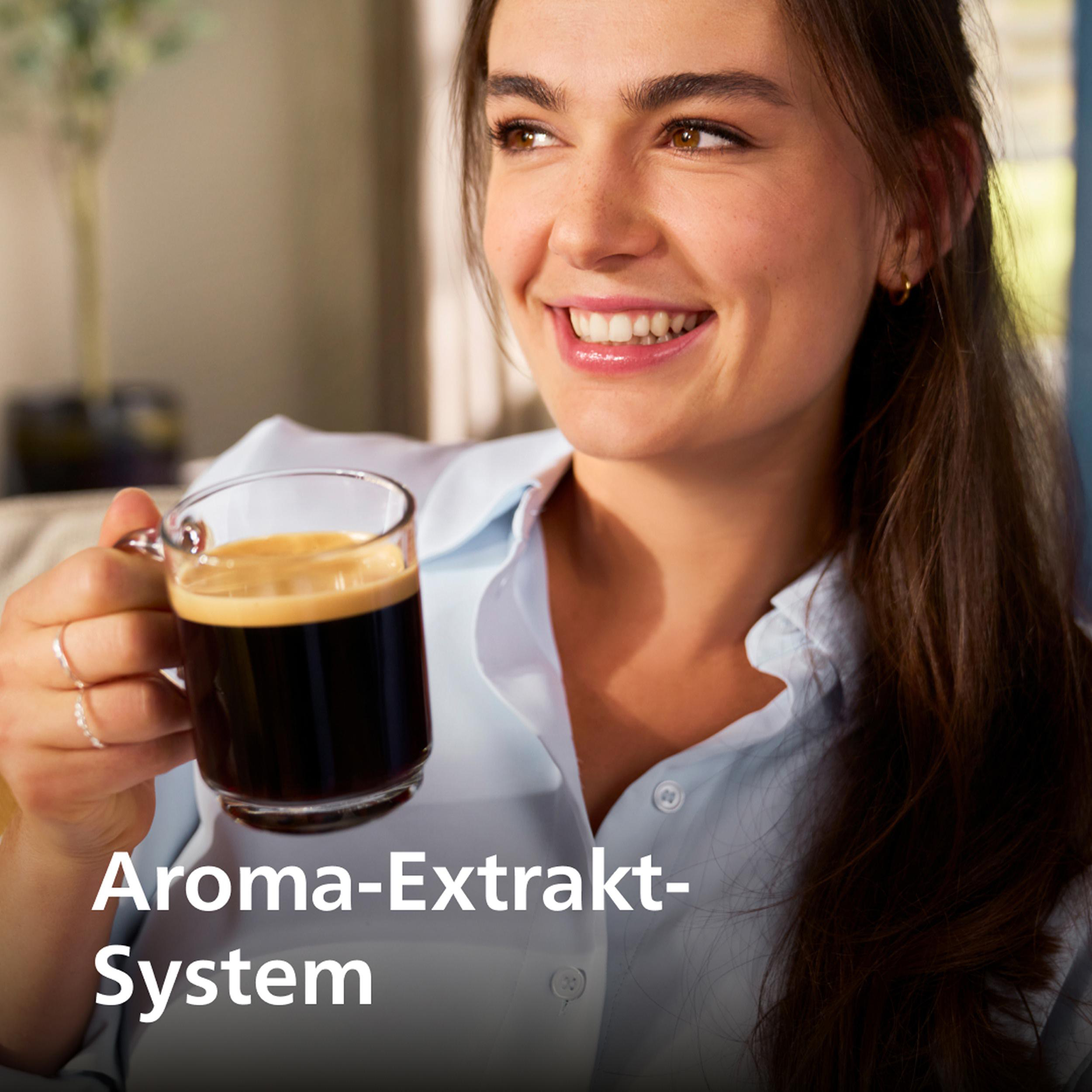 Eine Frau lächelt, hält ein Glas Espresso und der Text 'Aroma-Extrakt-System'.